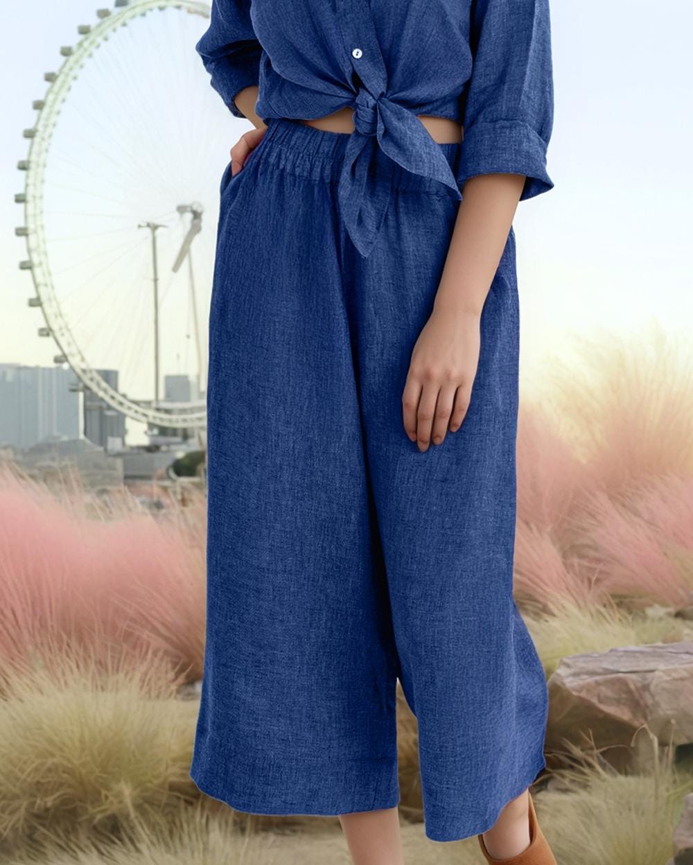 Custom Relaxed Linen Blend Two-Piece Set – Lightweight Elastic Waist Wide Leg Pants & Button Down Top | SKU.25T14T4D