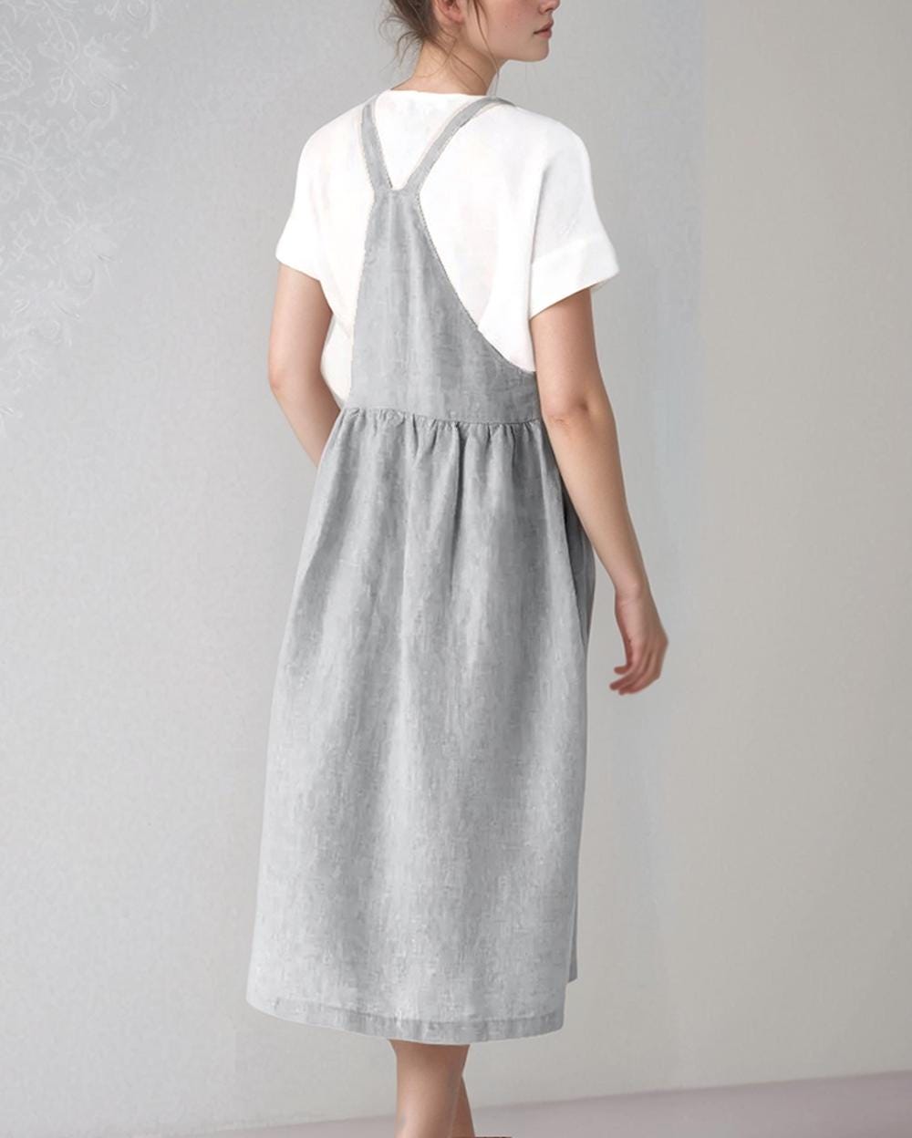 Linen Pinafore Dress for Women, Adjustable Straps, Layered Style, Handmade Apron Dress, Summer Minimalist Outfit | SKU.25T14T7U