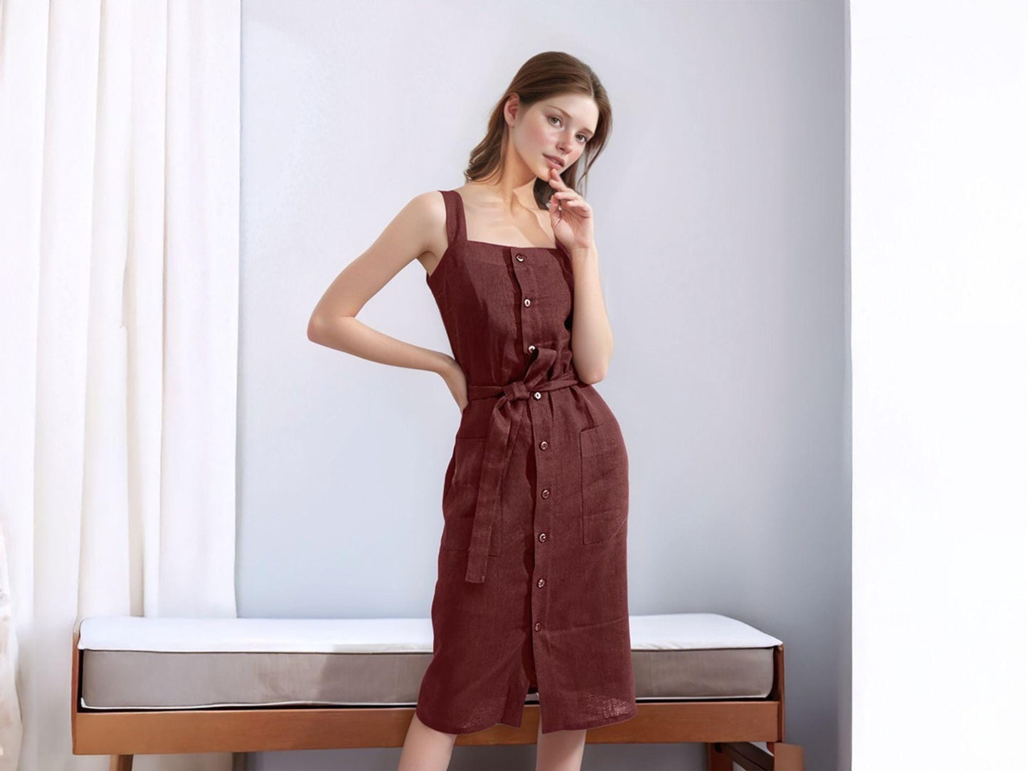 Custom Sleeveless Midi Button Dress, Square Neck Summer Dress, Belted Casual Dress with Pockets | SKU.25T14T5W
