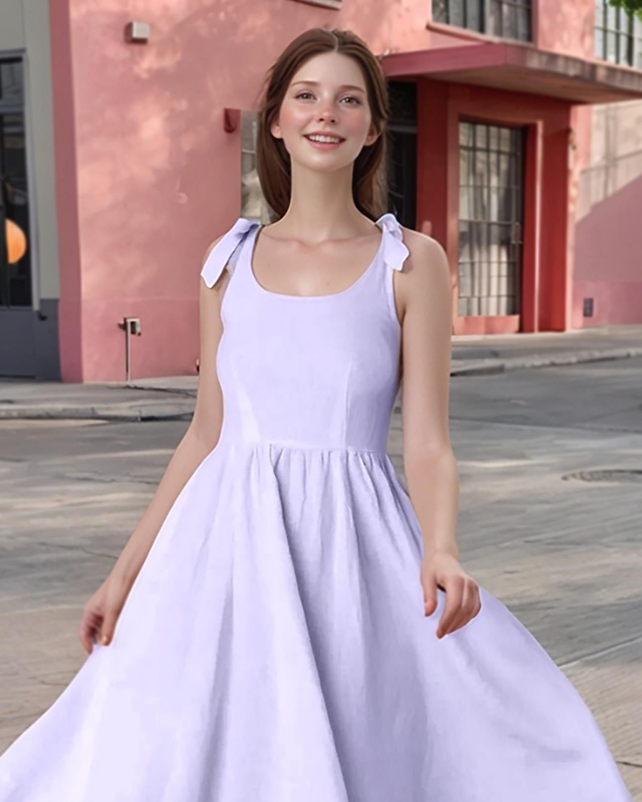 Elegant Sleeveless Linen Midi Dress – Flowy Summer Sundress with Ruffle Collar | SKU.25T11T5G