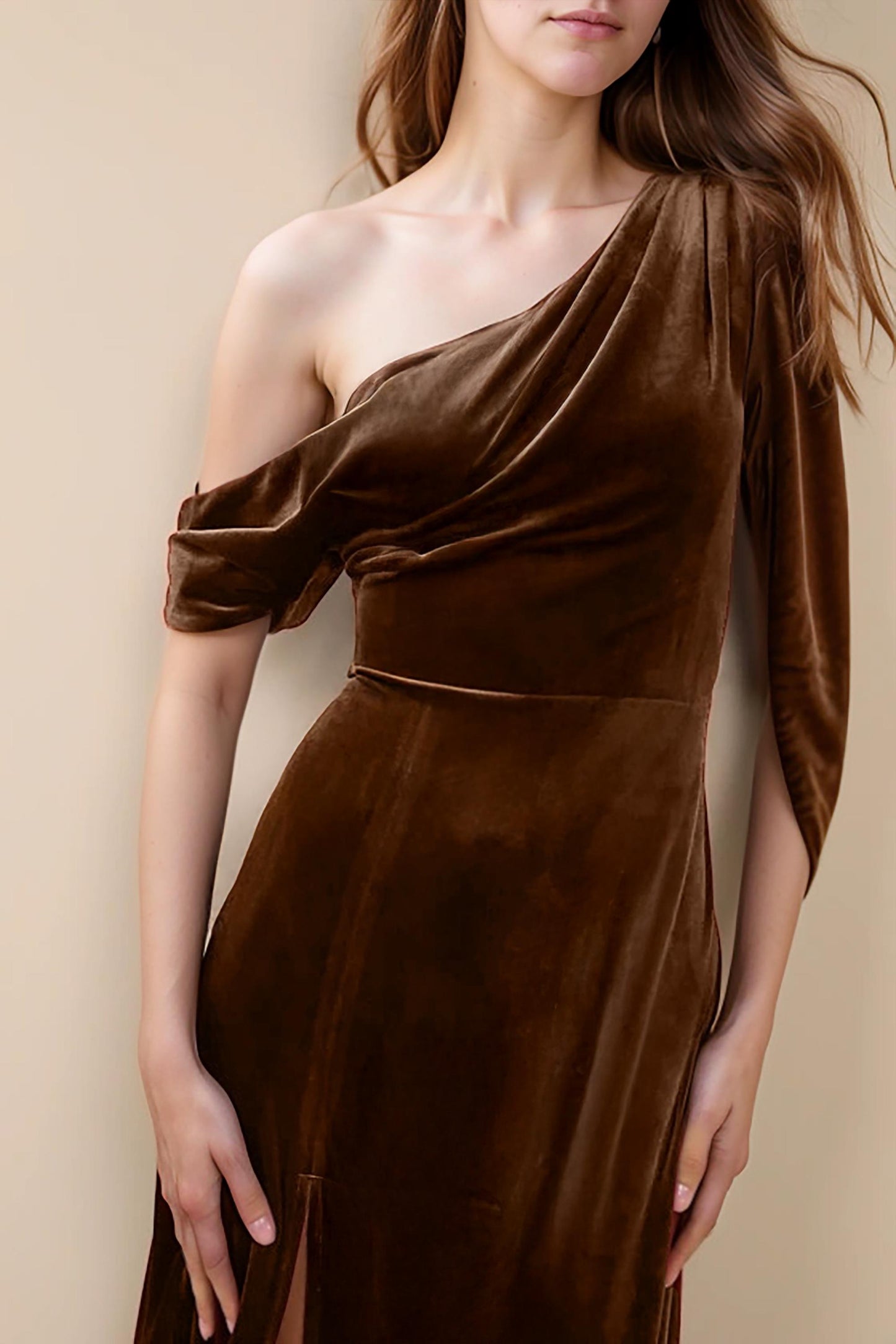 Brown Velvet One-Shoulder Maxi Dress with Slit | Formal Evening Gown | SKU.24T17T5D