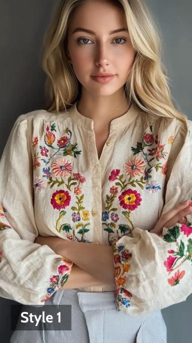 Bohemian Embroidered Linen Blouse, European Folk Floral Top, Beige Ethnic Chic Button-Up Blouse | 241026B