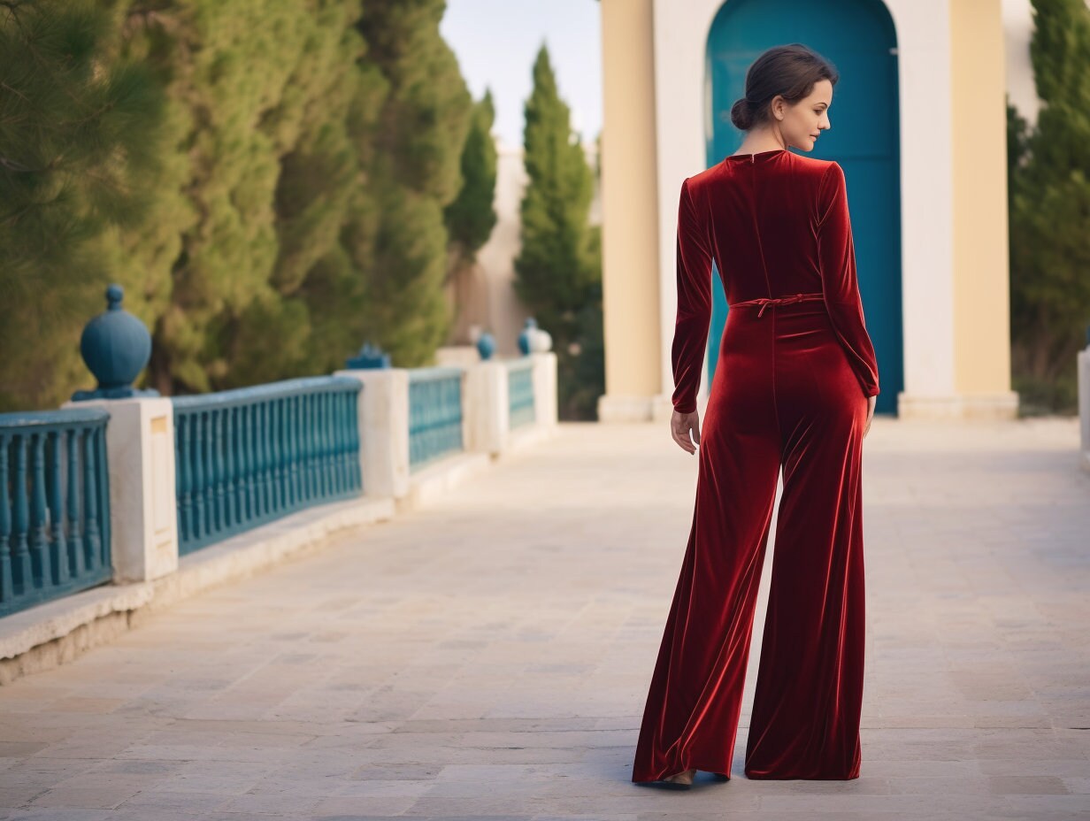 Women's Wide Leg Velvet Jumpsuit with Long Sleeves, Crew Neck and Belt - Stylish Wrap Romper - Loose Fit Plus Size Clothing | Customizable