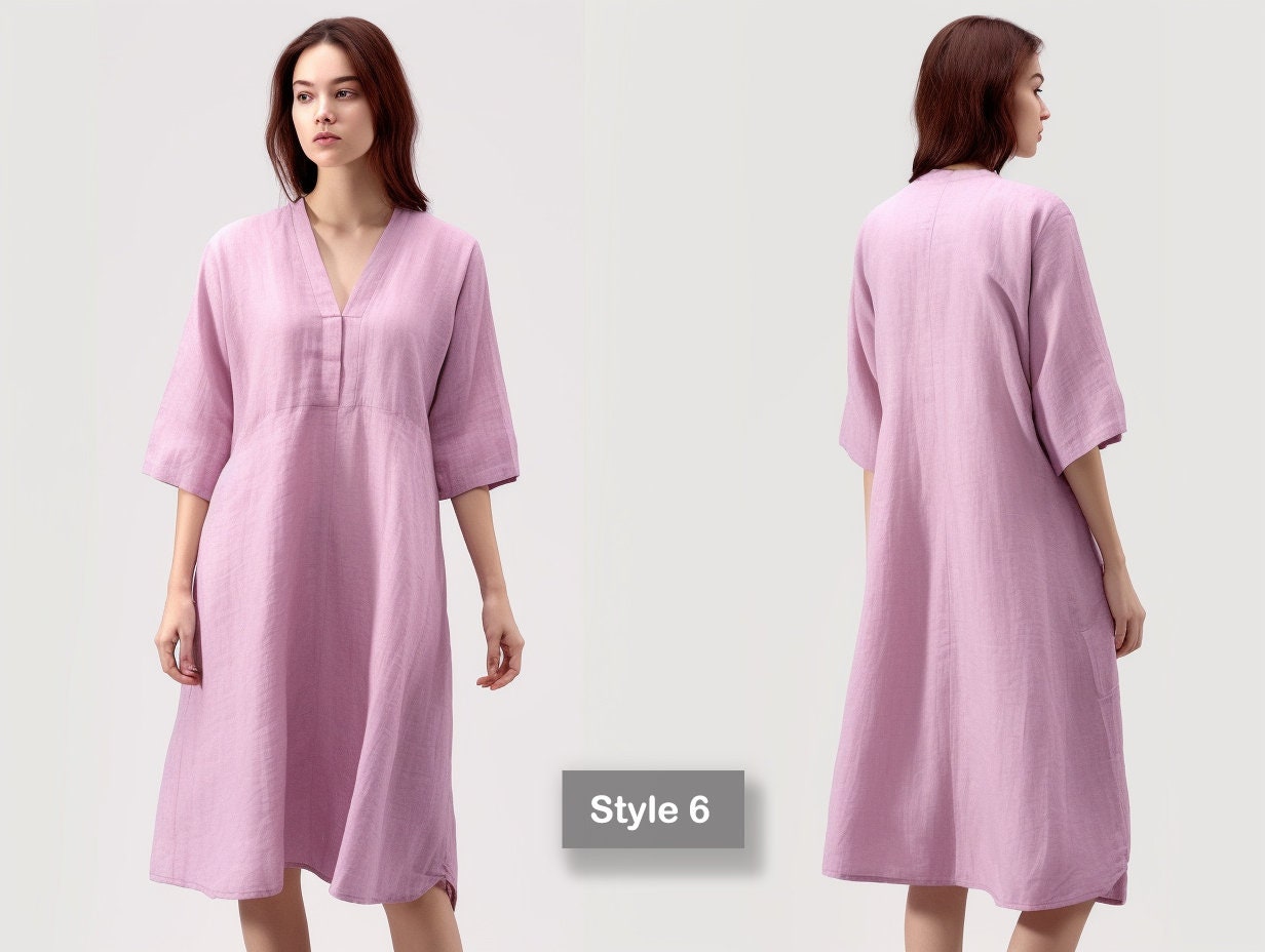 V Neck Linen Dress | Loose Fit & Breathable | Stylish Summer Dress | 3/4 Sleeve Linen Dress - Mothers Day Gift - Gift for Her | 230506B