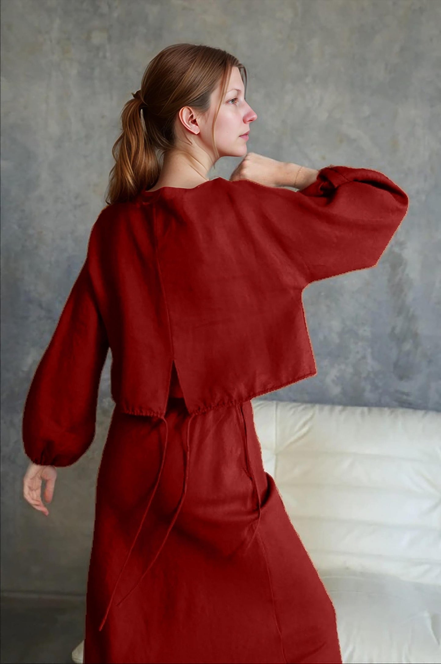 Elegant Red Linen Two-Piece Dress Set – Long Sleeve Crop Top & High Waist Midi Skirt, Minimalist Outfit for Women | SKU.25T15T5A