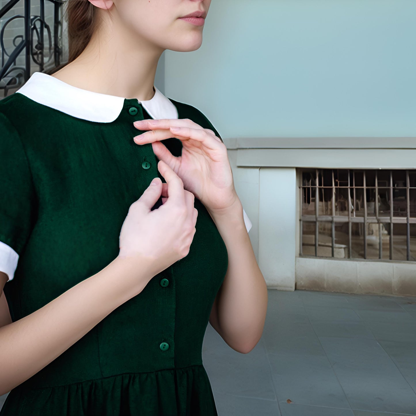Vintage-Inspired Green Linen Dress – Peter Pan Collar, Short Sleeve Midi Dress with Pockets | SKU.25T10T2B