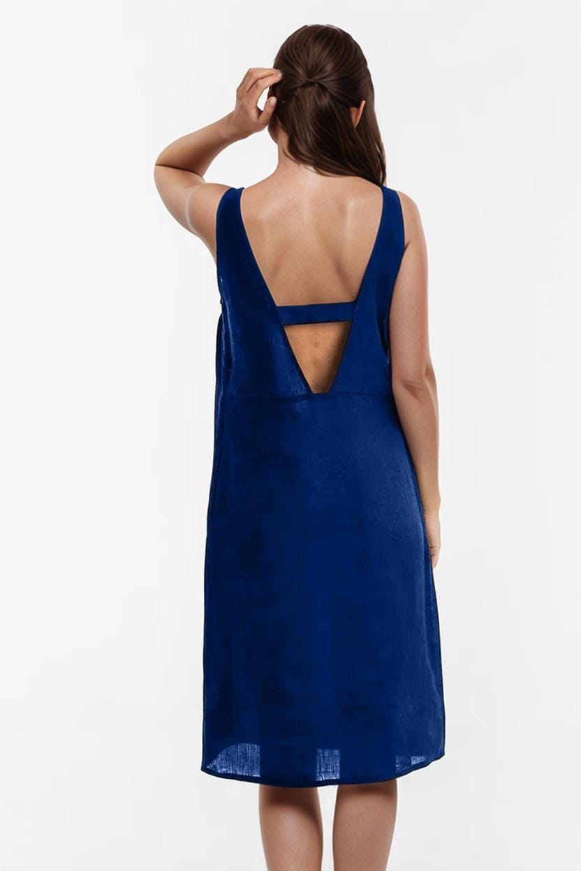 Linen V-Neck Sleeveless Dress, Backless Summer Midi Dress with Pockets, Casual Minimalist Dress, Women' s Lightweight Dress | SKU.25T14T7Y