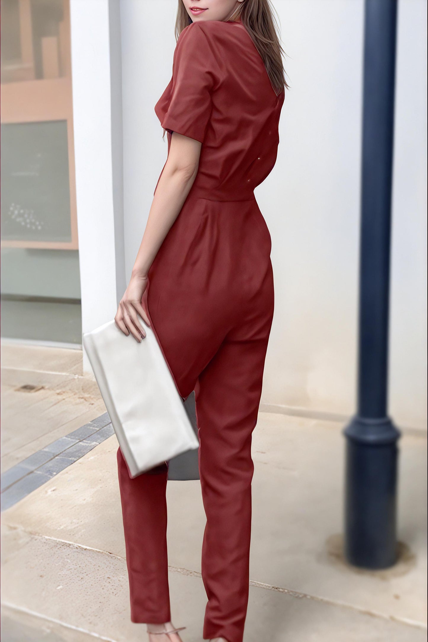 Elegant Linen V-Neck Jumpsuit with Back Button Detail | SKU.25T11T7H