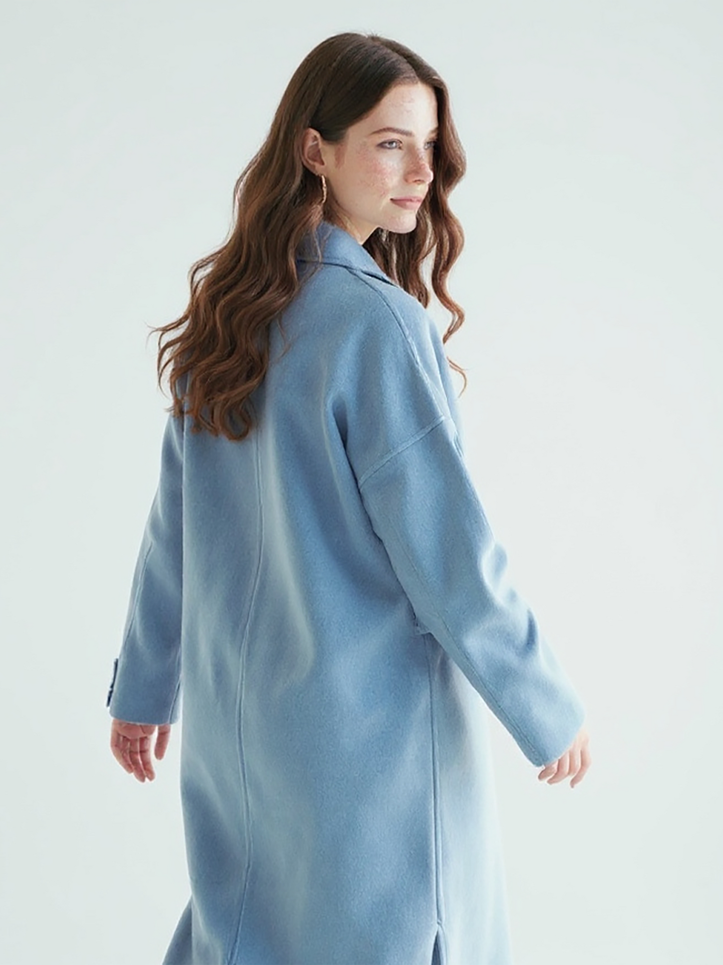 Sky Blue Wool Overcoat – Chic Longline Coat with Single-Button Closure | 25T35T6X