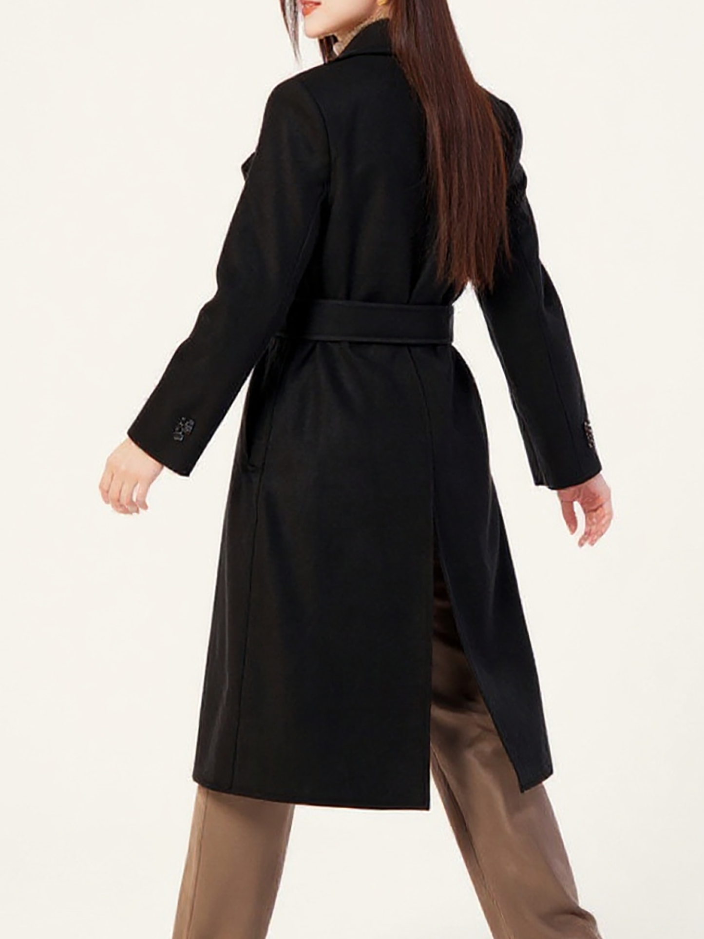 Classic Black Wool Trench Coat – Sophisticated Belted Outerwear with Wide Lapels | 25T35T6T