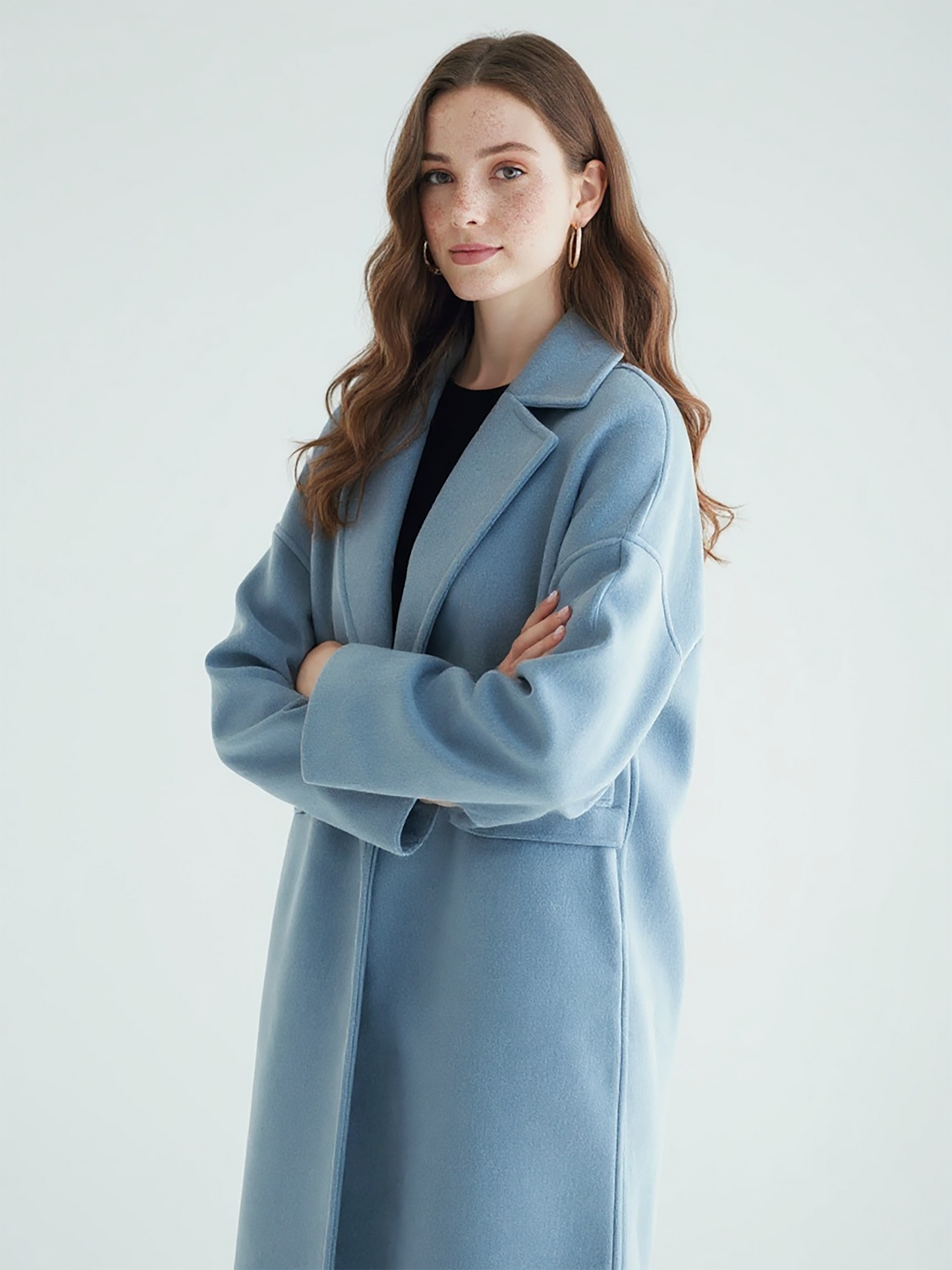 Sky Blue Wool Overcoat – Chic Longline Coat with Single-Button Closure | 25T35T6X
