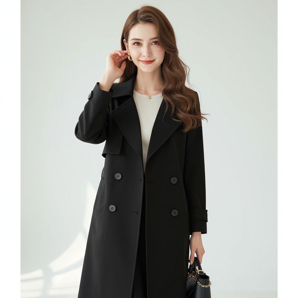 Classic Black Wool Trench Coat – Chic Double-Breasted Outerwear with Elegant Belted Waist | 25T35T6K