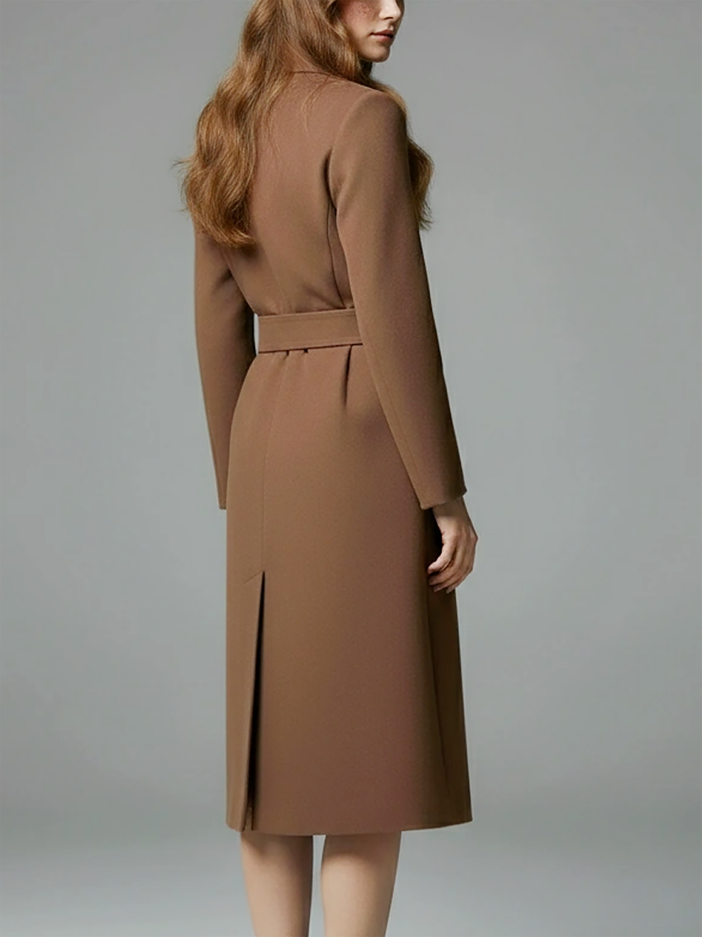 Chic Brown Wool Coat – Formal Belted Longline Outerwear with Notched Lapels | 25T35T6R