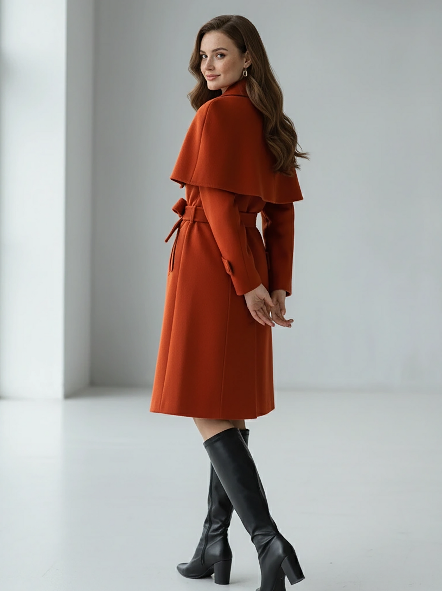 Rust Wool Trench Coat – Sophisticated Belted Overcoat with Cape Detail | 25T35T5N