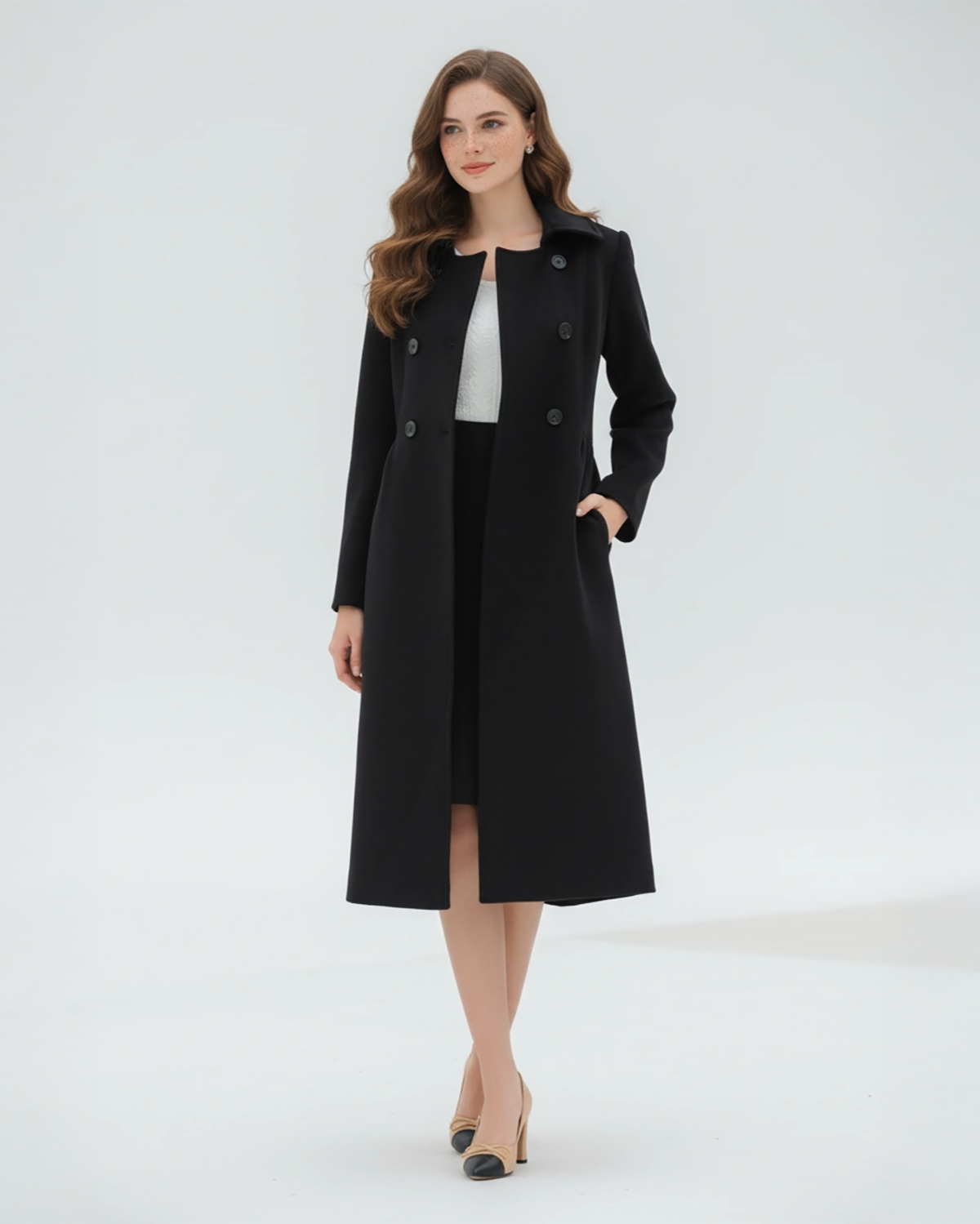 Classic Black Wool Coat – Sophisticated Long Coat with Double-Breasted Design | 25T35T6U