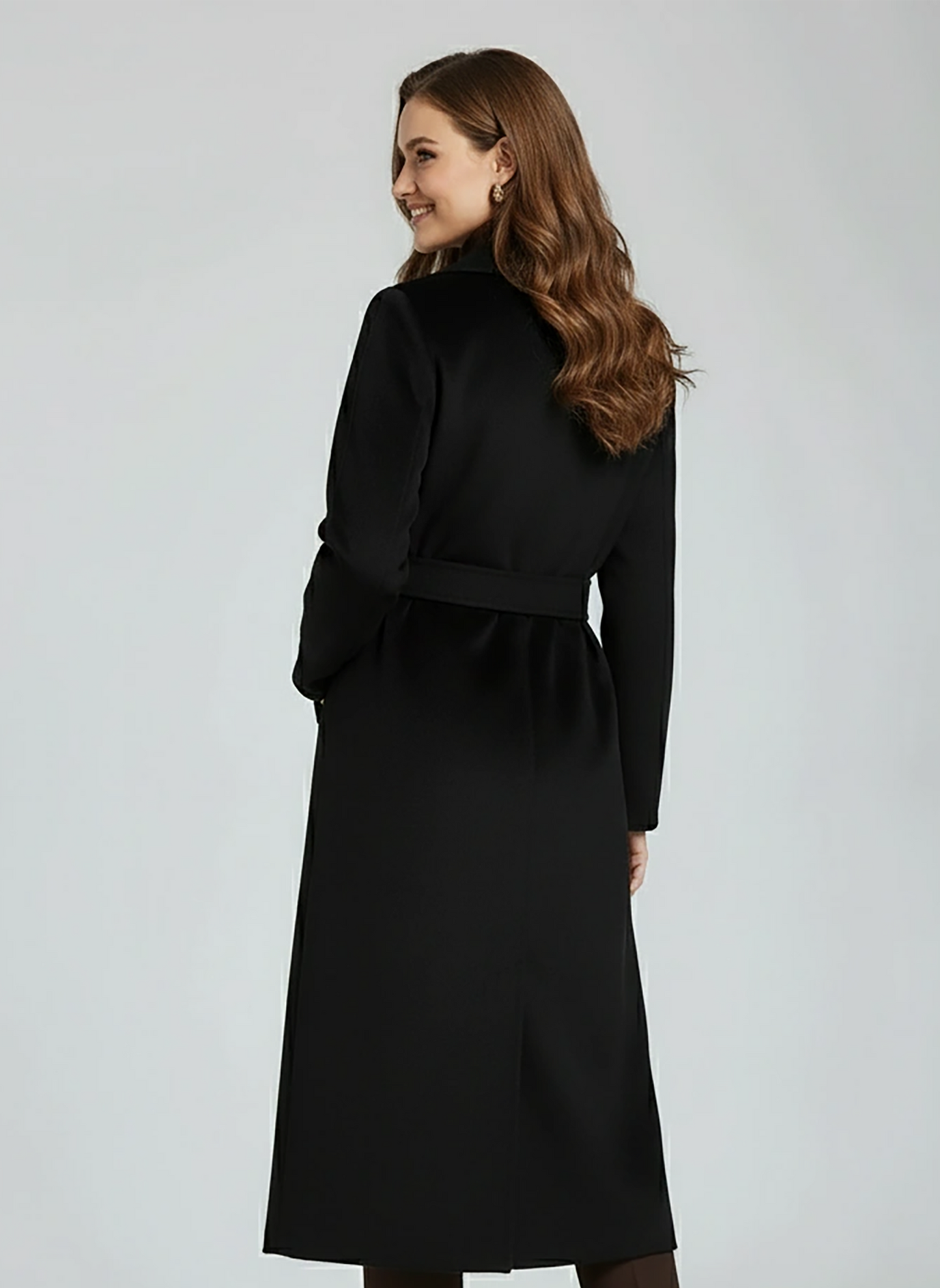 Classic Black Wool Coat – Chic Belted Longline Coat with Tailored Fit | 25T35T5F
