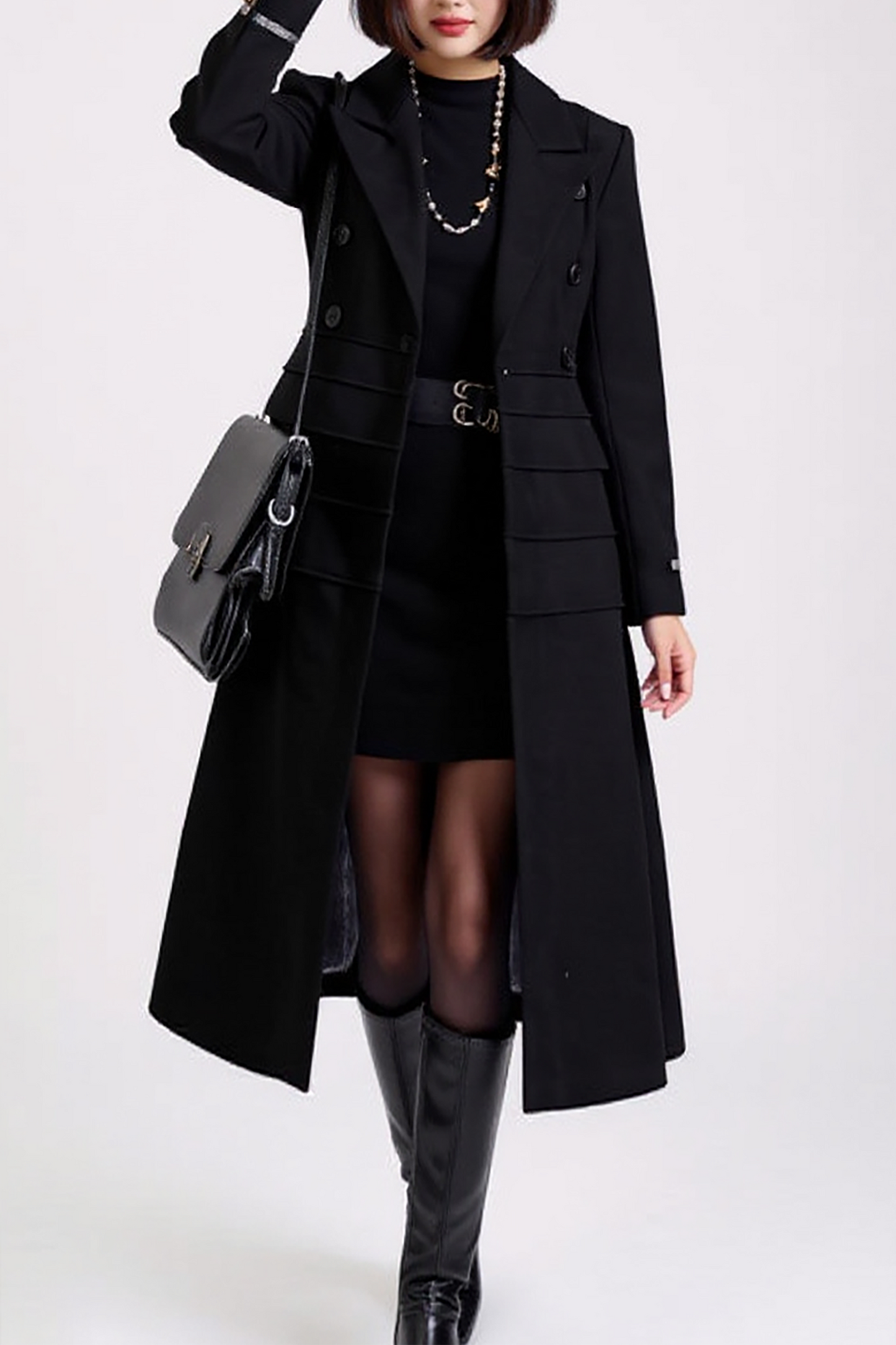 Classic Black Wool Trench Coat – Sophisticated Double-Breasted Coat with Belted Waist | 25T35T4A