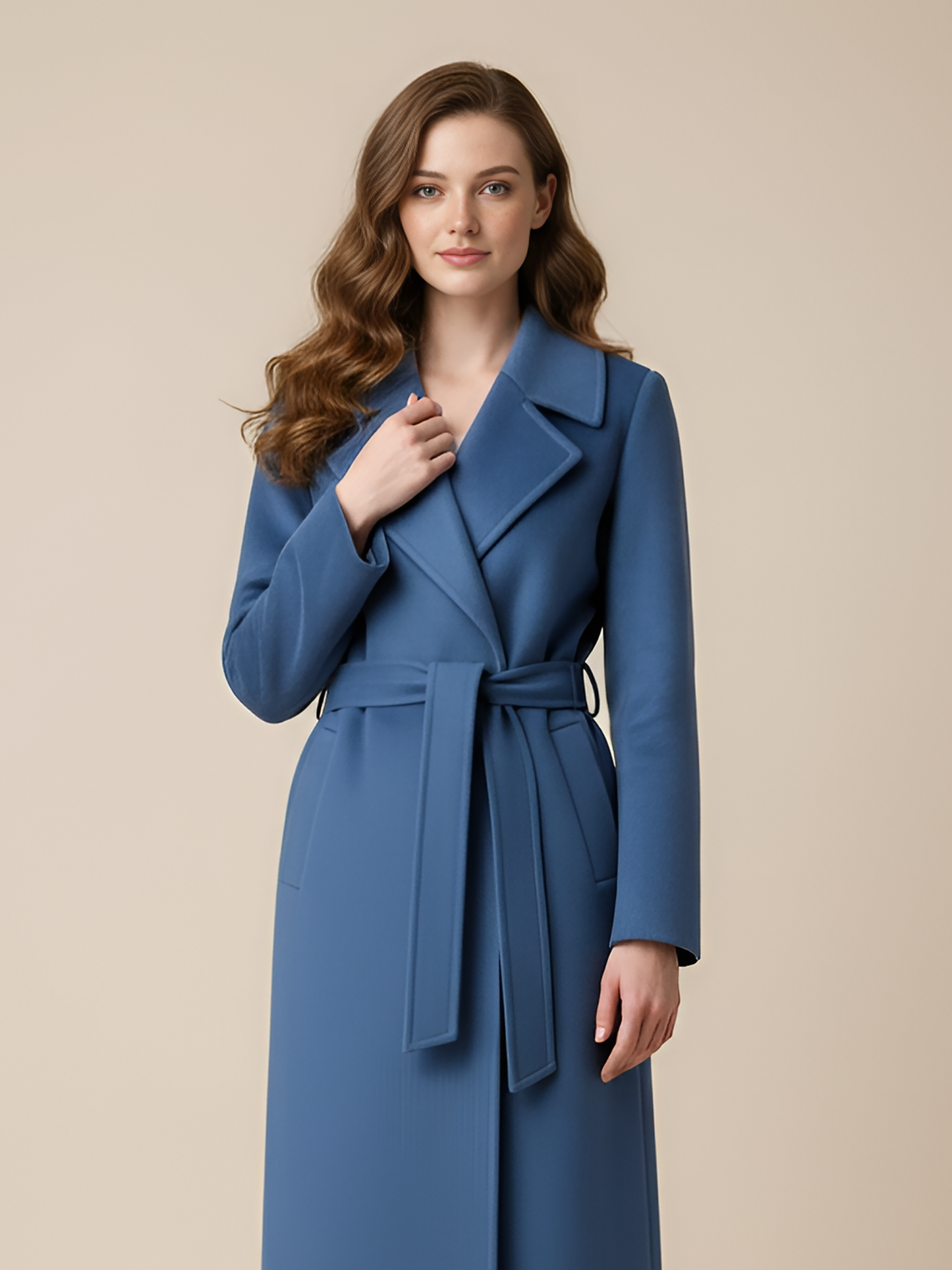 Elegant Blue Wool Wrap Coat – Sophisticated Belted Long Coat with Notched Lapel | 25T35T4G