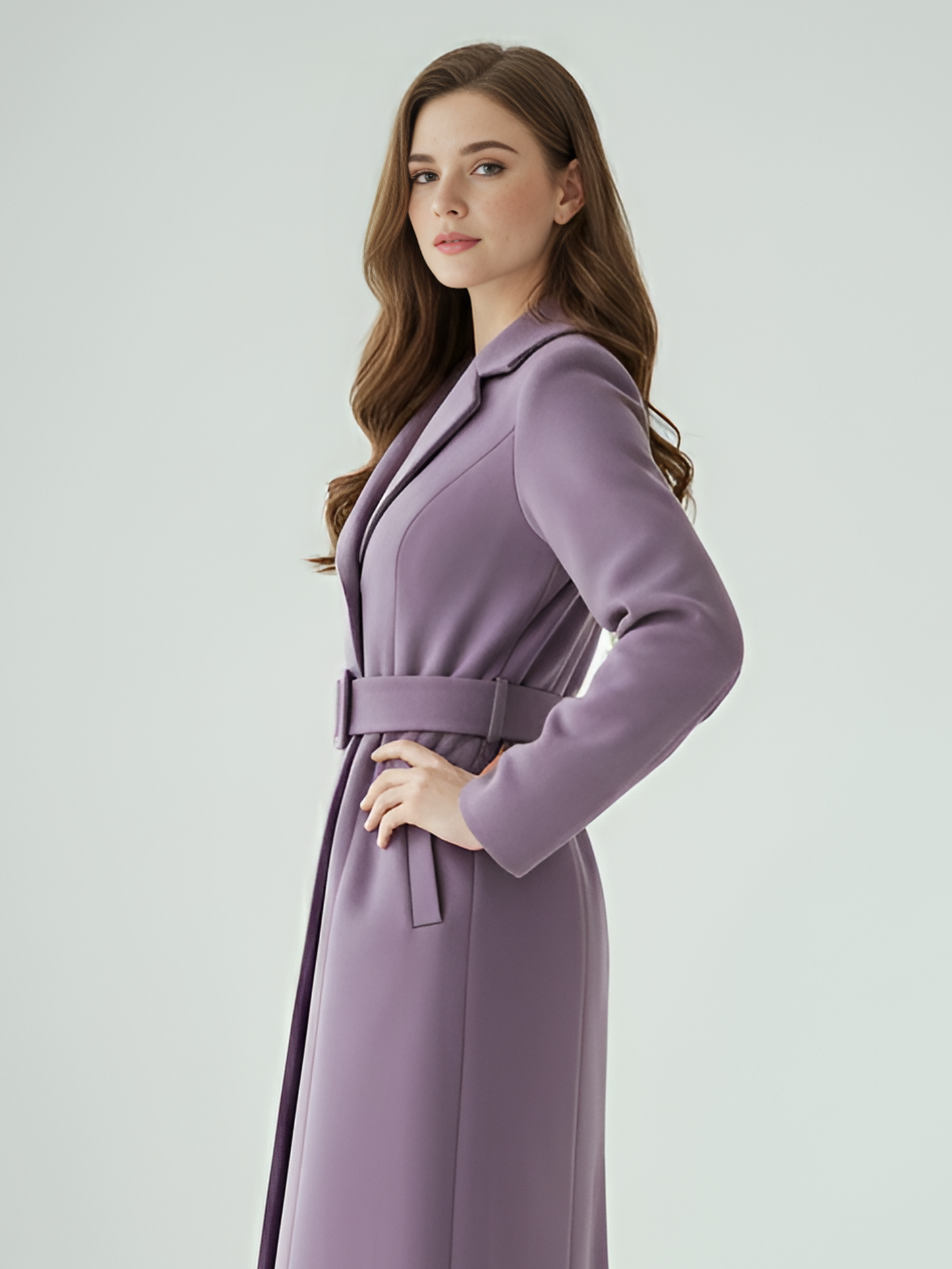 Lavender Wool Long Coat – Chic Belted Trench with Classic Lapels | 25T35T6A