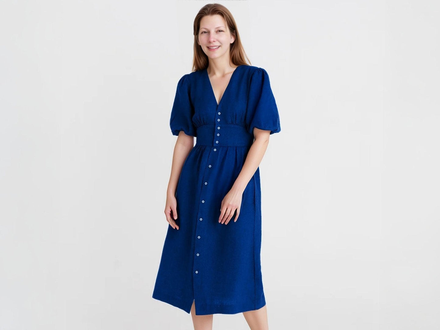 Linen Midi Dress with Puff Sleeves, Button-Front, V-Neck, Summer Casual Fit, Blue Linen Dress with Pockets | SKU.25T14T7D