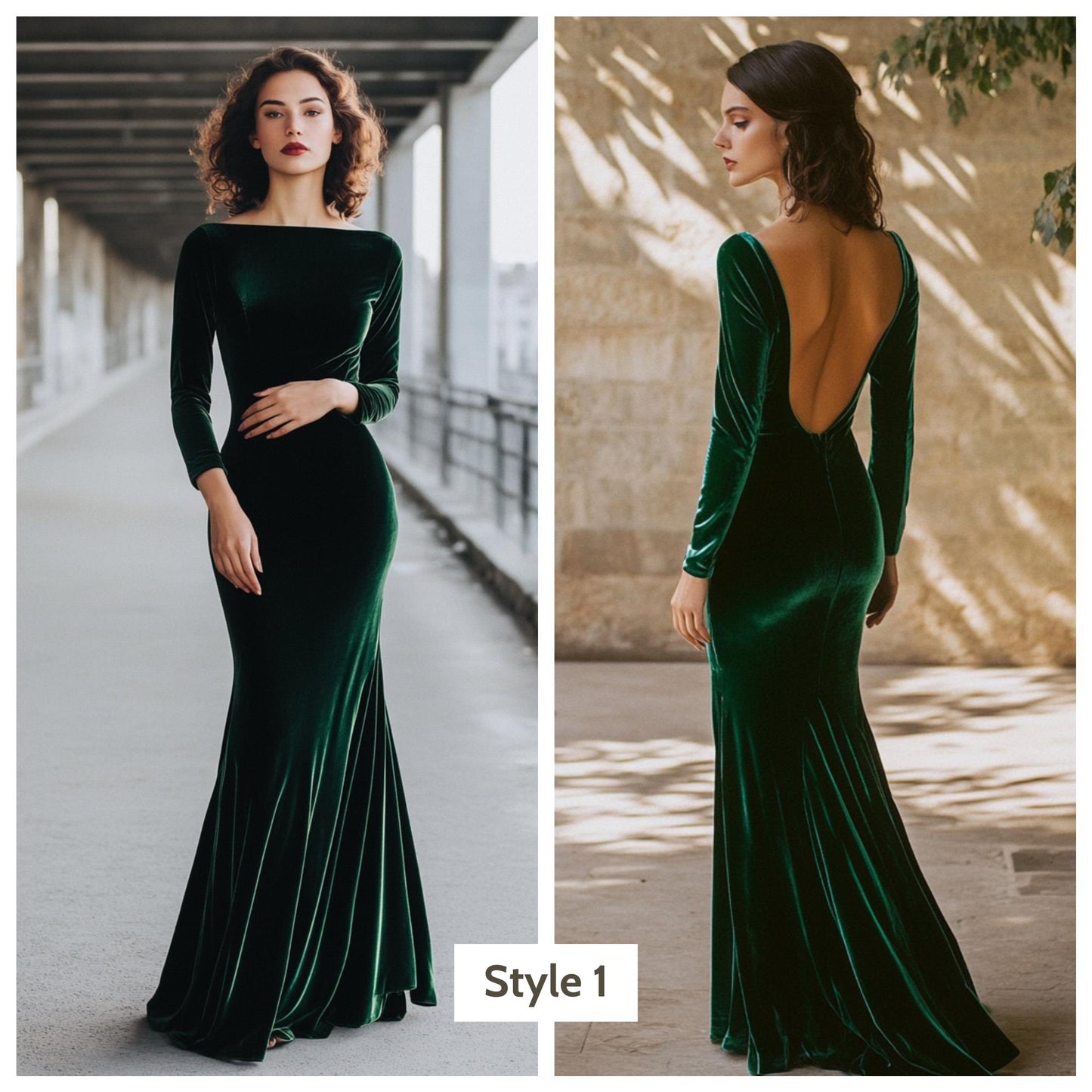 Custom Emerald Velvet Evening Gown, Boat Neck Backless Dress, Long Sleeve Luxury Formal Gown | 241028A
