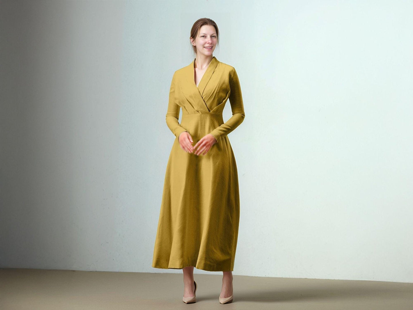 Elegant Linen Maxi Dress with Long Sleeves, Wrap V-Neck, Flowy A-Line Silhouette - Custom Fit, Timeless Style | SKU.25T15T4E