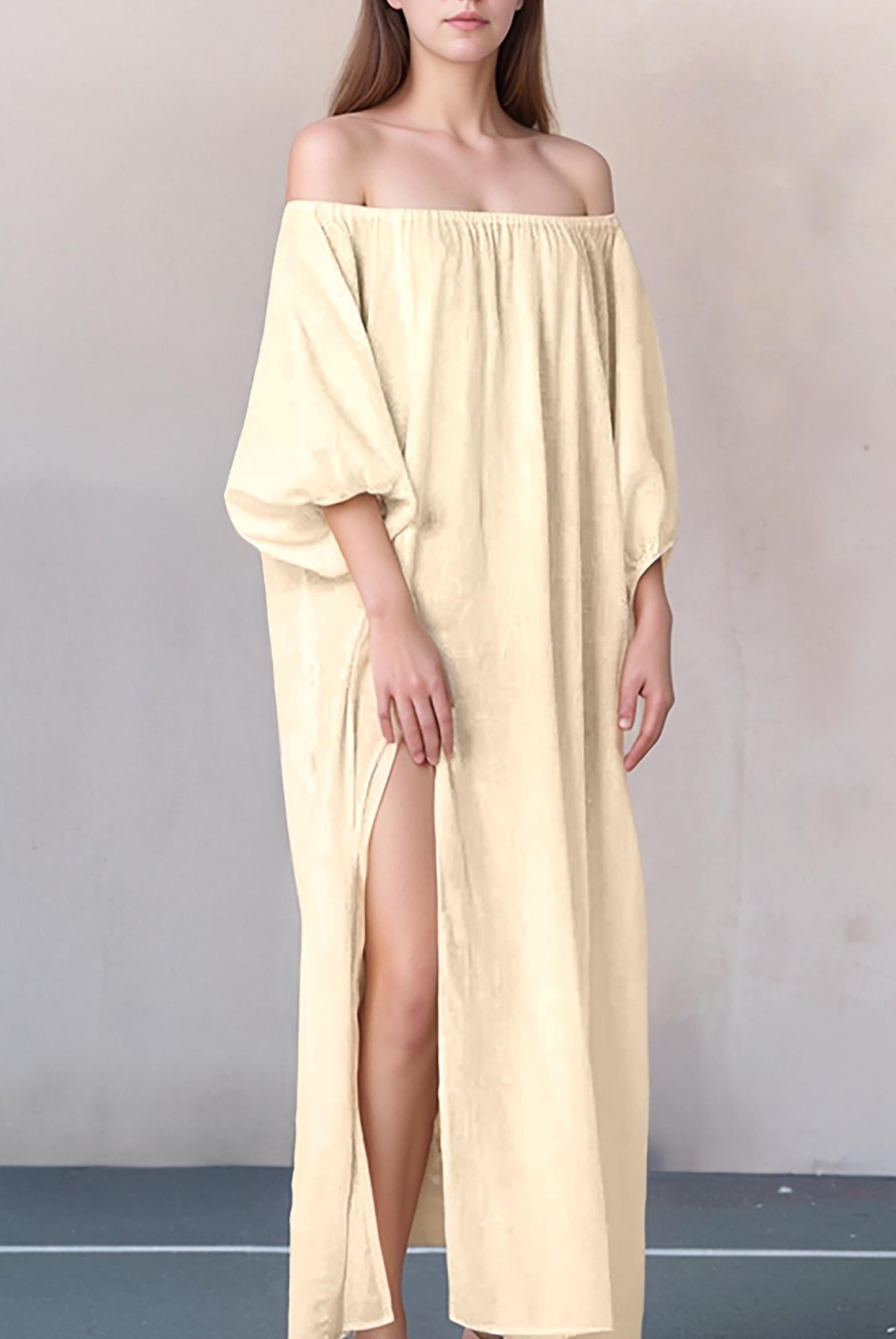 Off-Shoulder Maxi Linen Dress with Side Slit - Elegant Beige | SKU.25T11T7B