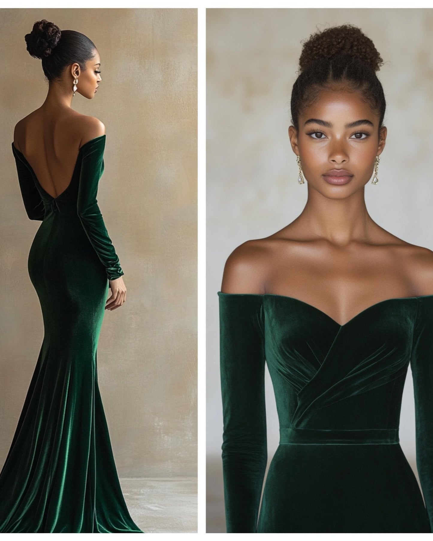 Emerald Green Velvet Evening Gown, Off-Shoulder Custom Tailored Dress, Elegant Long Sleeve Formal Dress for Special Occasions | 241112A
