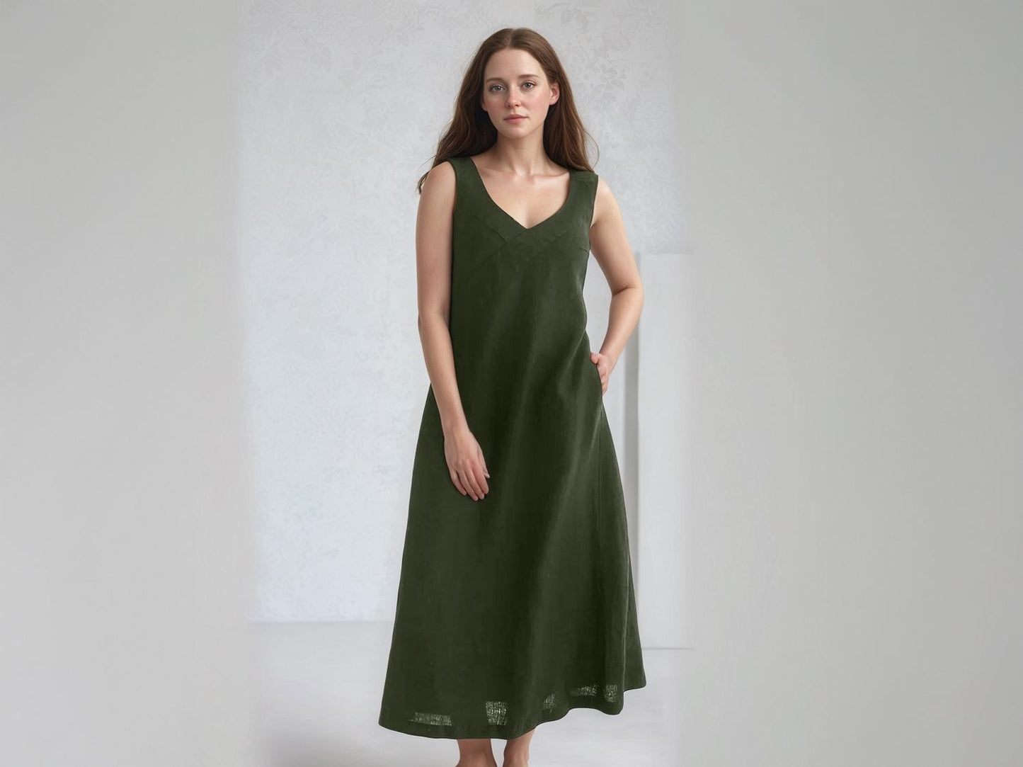 Linen Maxi Dress, Sleeveless Summer Dress, V-Neck Long Dress with Waist Tie, Elegant Flowy Women's Outfit | SKU.25T14T7M