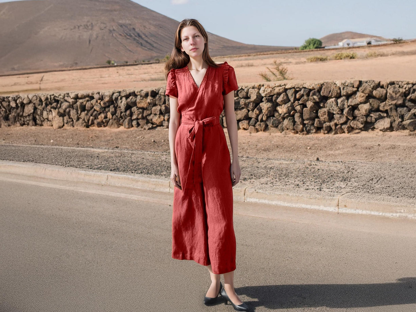 Linen Wrap Jumpsuit with Ruffle Sleeves, Wide Culotte Legs, Maxi Romper, Summer Outfit, Puff Sleeve, Waist Tie | SKU.25T22T3C