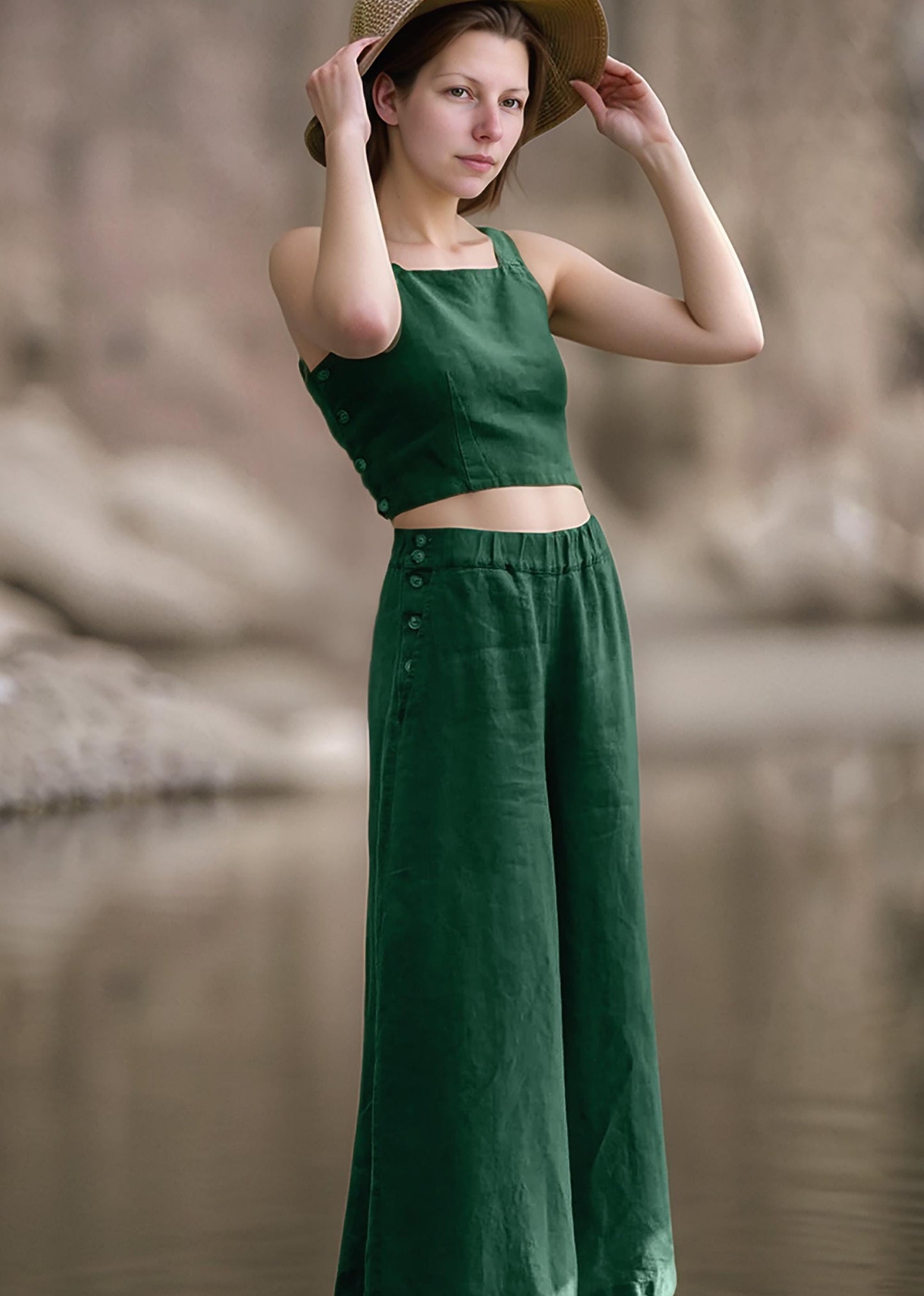 Linen Two Piece Set Women | Summer Wide Leg Pants and Crop Top Set | Sleeveless Green Linen Outfit | SKU.25T11T4E