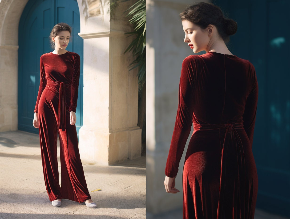 Women's Wide Leg Velvet Jumpsuit with Long Sleeves, Crew Neck and Belt - Stylish Wrap Romper - Loose Fit Plus Size Clothing | Customizable