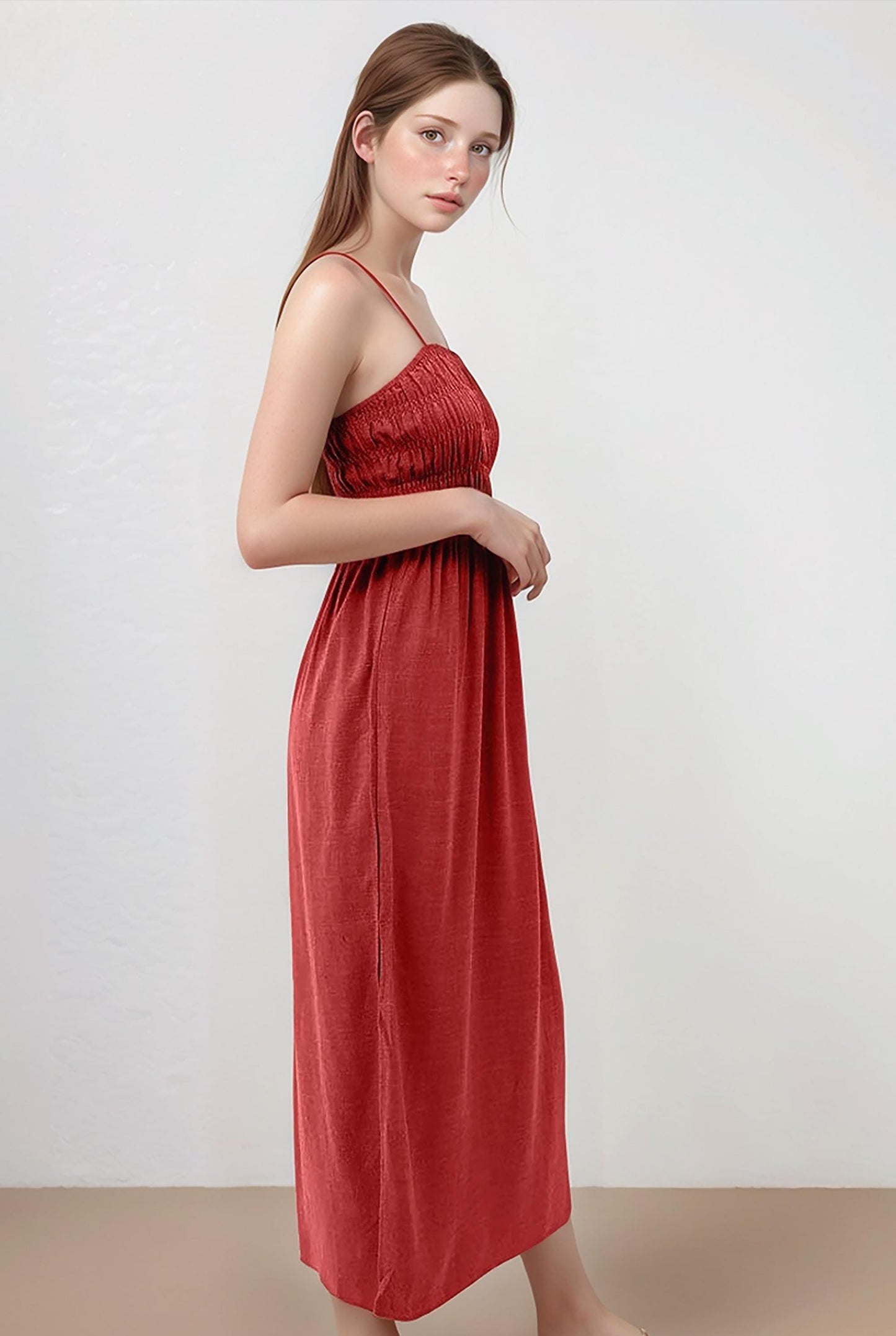 Elastic Linen Smocked Midi Dress – Summer Strapless Boho Sundress, Custom Fit Casual Vacation Outfit | SKU.25T15T5M