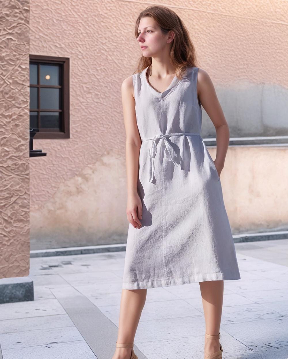 Sleeveless Linen Midi Dress with Tie Waist, V-Neck Summer Casual Dress, Lightweight Soft Natural Fabric | SKU.25T14T7F