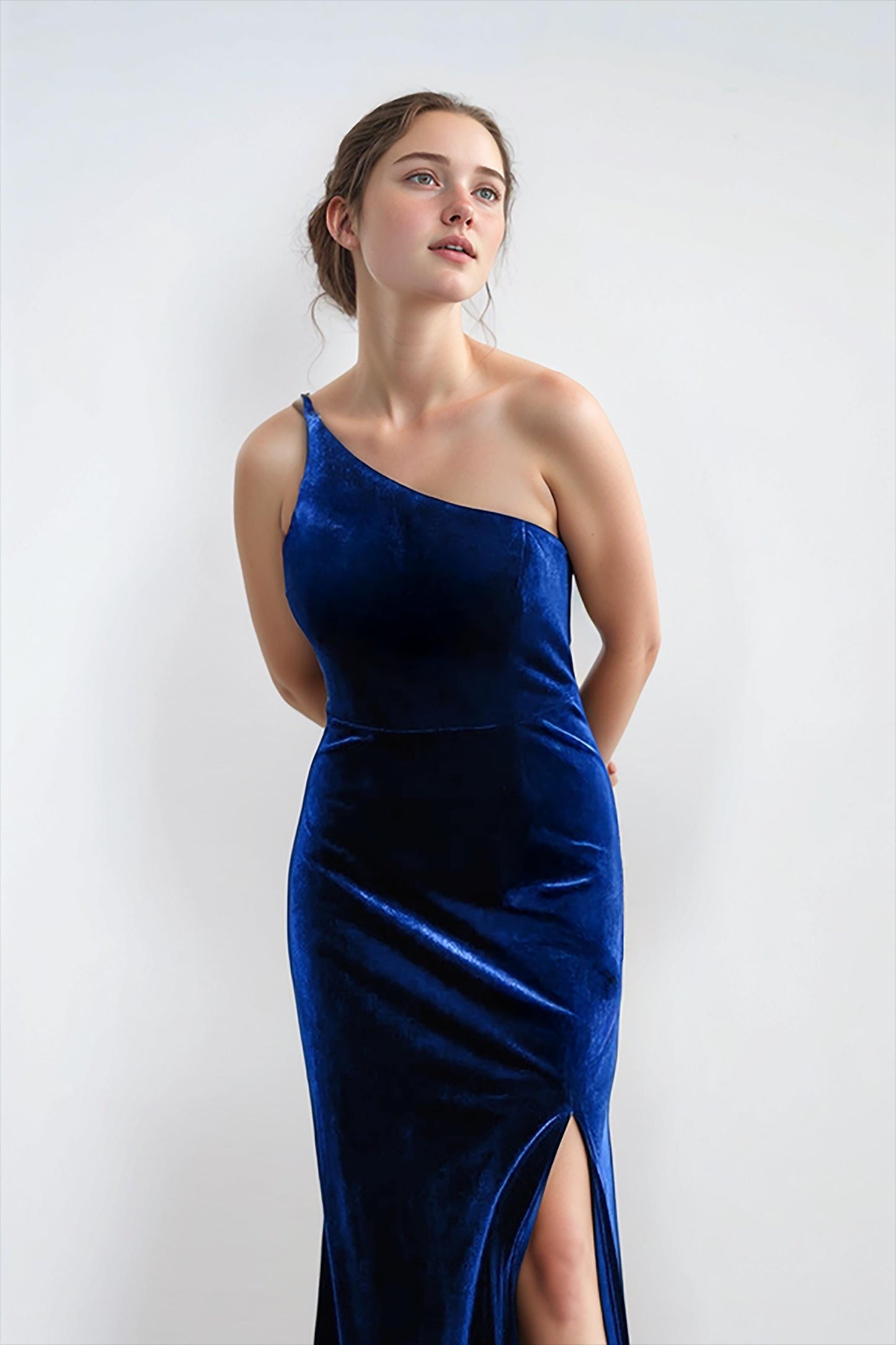 Royal Blue Velvet One Shoulder Dress – Long Formal Gown with Slit | SKU.25T17T4D