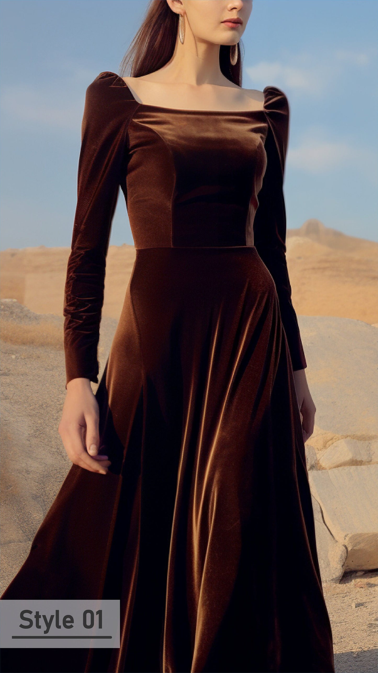 Elegant Velvet Maxi Dress, Square Neck, Full Fitted Sleeves, Closed Back - Perfect for Bridesmaids or Evening Affairs - Tailor to Your Style