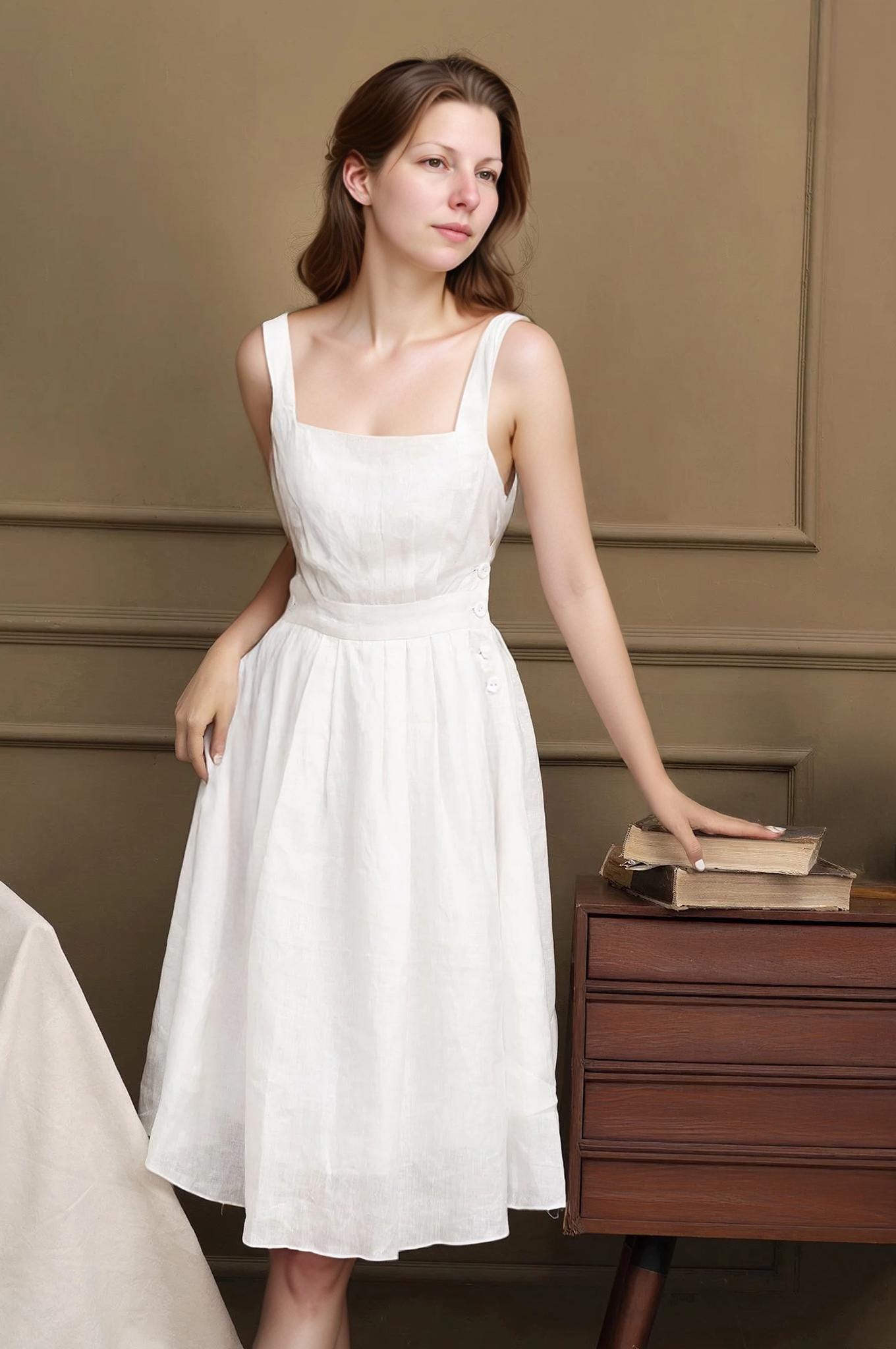 Elegant White Linen Midi Dress - Square Neck, Button Details, Sleeveless, Summer Chic, Effortless Elegance | SKU.25T22T2C