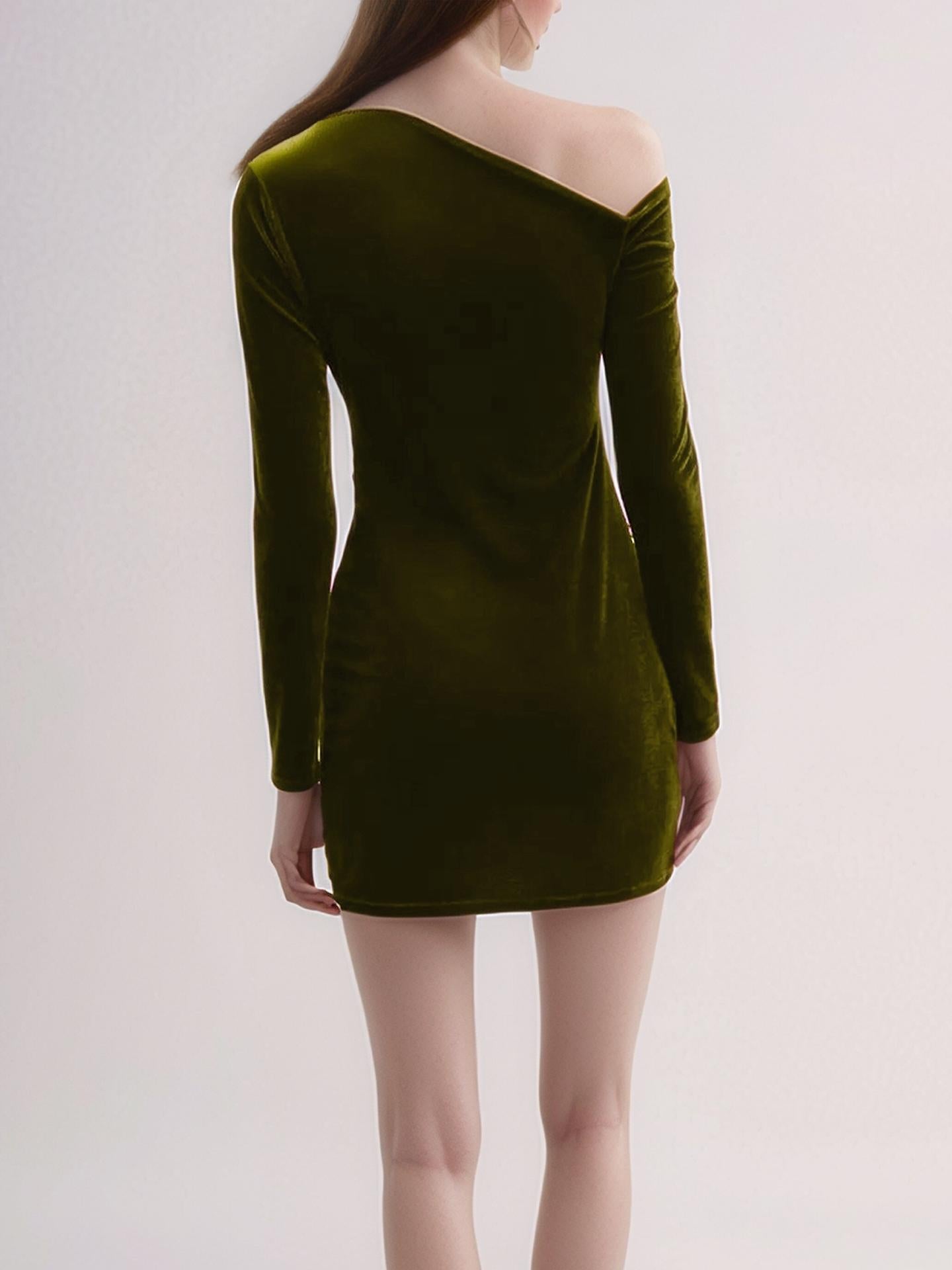 One Shoulder Velvet Mini Dress – Olive Green Bodycon Dress with Long Sleeves for Party & Night Out | SKU.25T17T6F