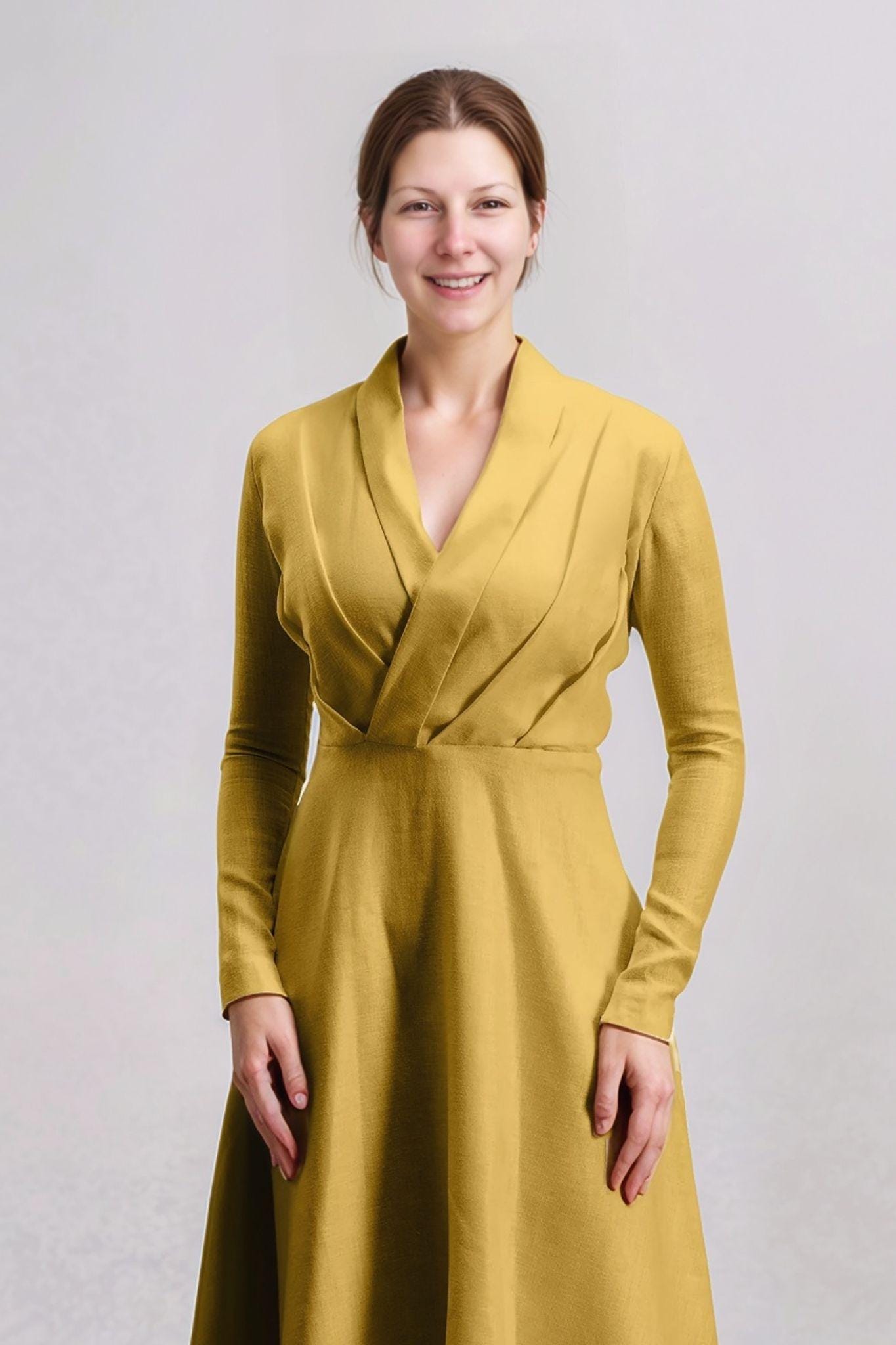 Elegant Linen Maxi Dress with Long Sleeves, Wrap V-Neck, Flowy A-Line Silhouette - Custom Fit, Timeless Style | SKU.25T15T4E