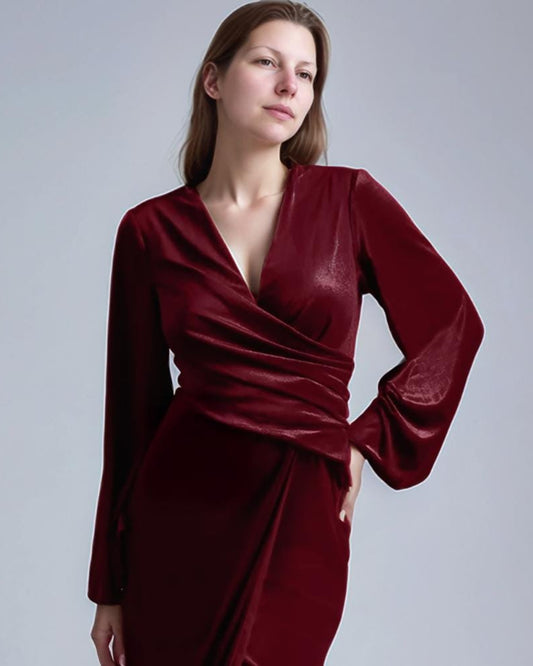 Burgundy Velvet Wrap Dress – Elegant Long Sleeve Midi Dress for Formal Events & Weddings | SKU.25T17T6H
