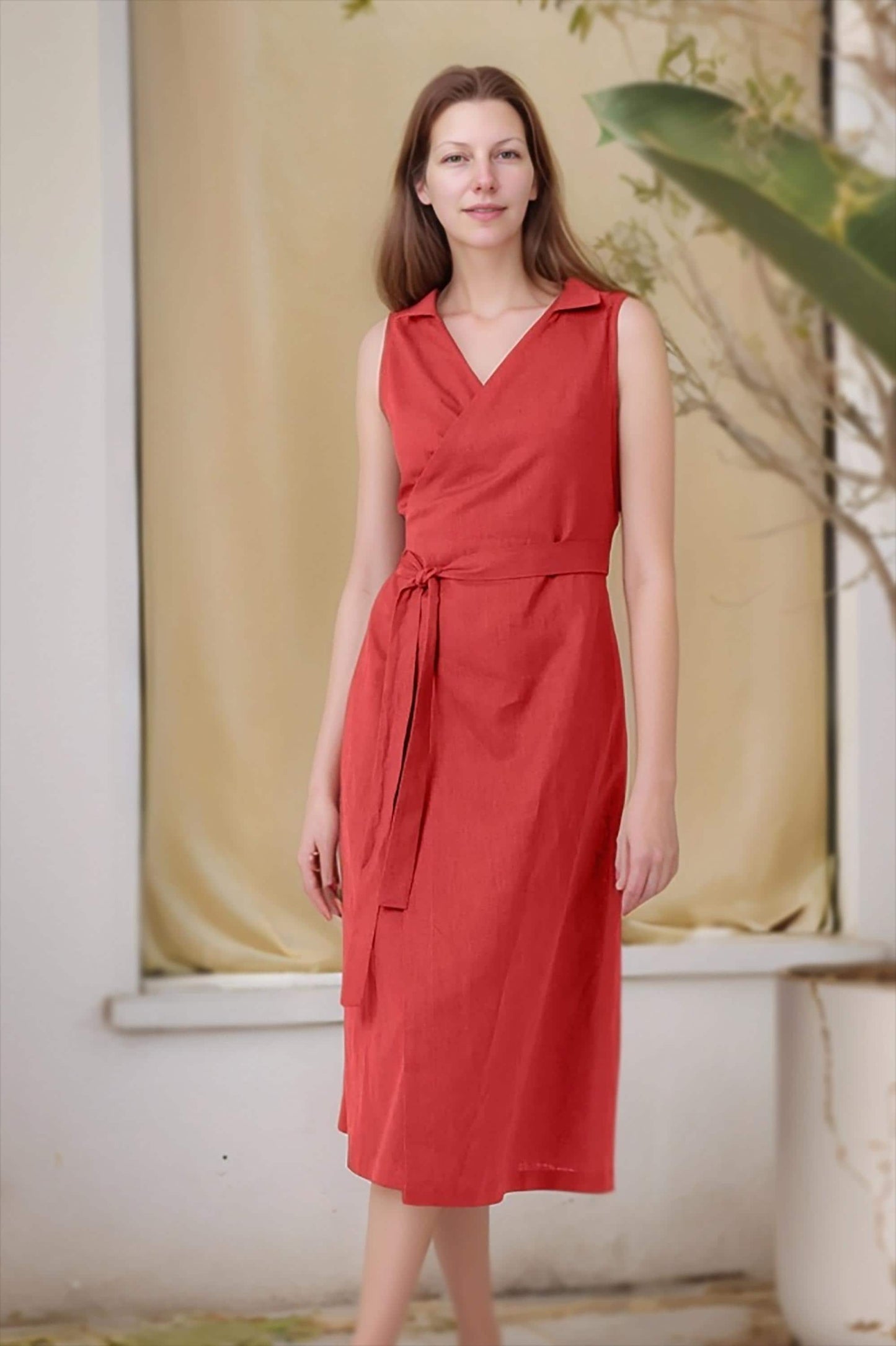 Red Linen Wrap Dress – Sleeveless Summer Midi Dress with Tie Waist | SKU.25T11T3B
