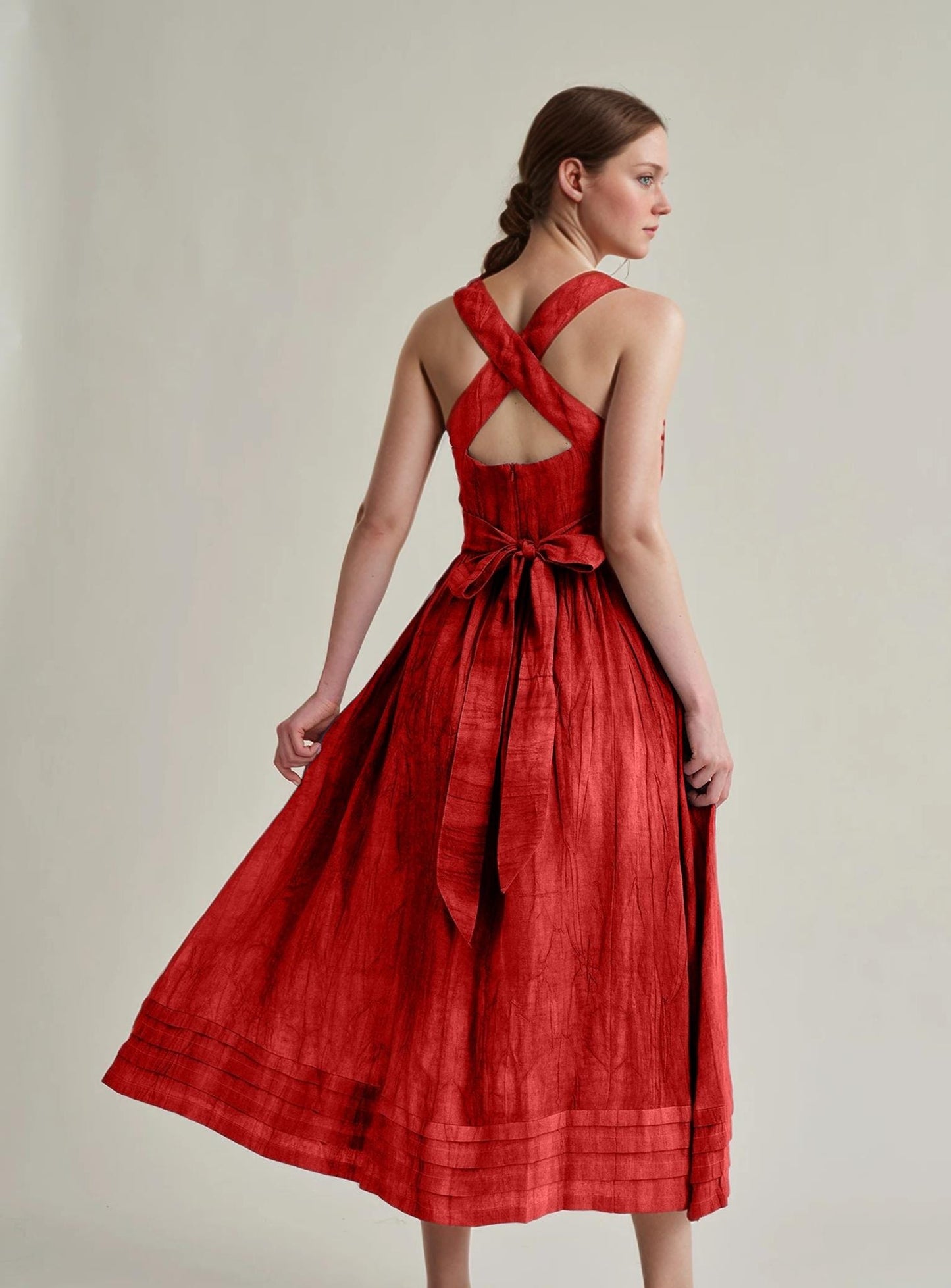 Custom Red Midi Dress, Vintage Style Sleeveless Summer Dress, Elegant Back Bow Dress, Retro Party Outfit | SKU.25T14T6E