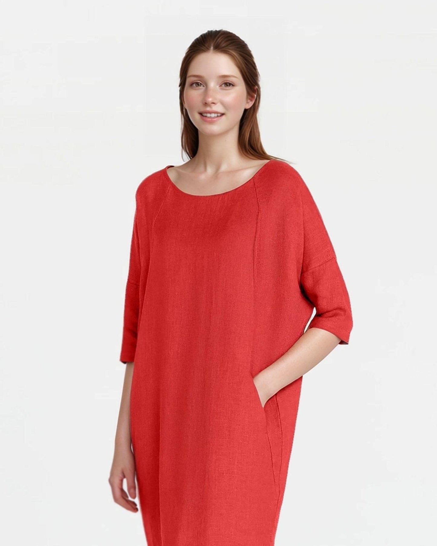 Relaxed Linen Tunic Dress, Loose Fit Summer Dress, Red Linen Shift Dress with Pockets, Casual Vacation Outfit | SKU.25T14T7C