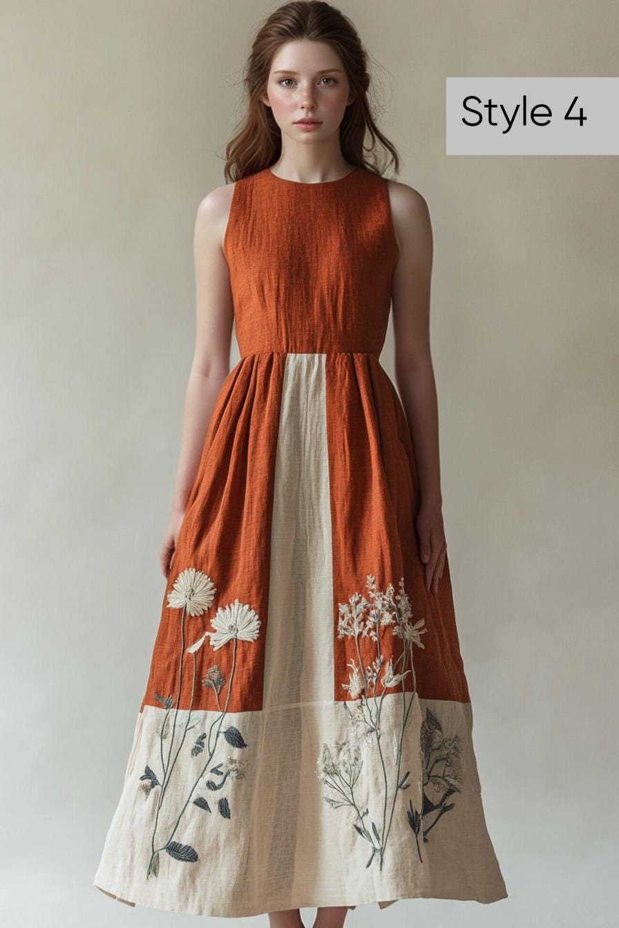 Boho Embroidered Linen Flowy Dress - Intricate Sharp Floral Embroidery, Vintage Inspired, Customizable Summer Midi Dress | SKU.25T20T3K