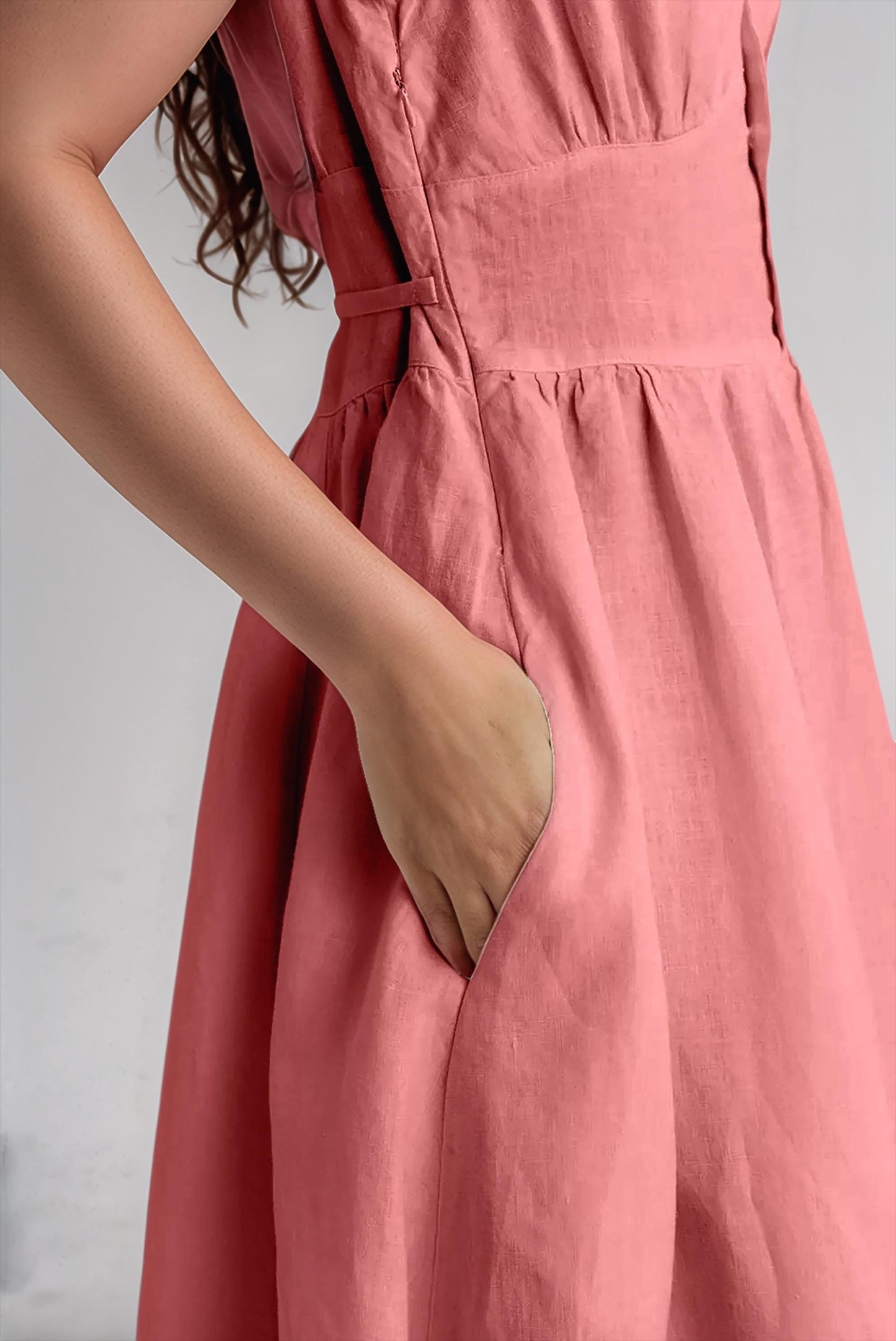 Rustic Ruffle Sleeve Linen Dress – Vintage-Inspired Summer Midi Dress with Button Front & Tie Waist | SKU.25T11T5F