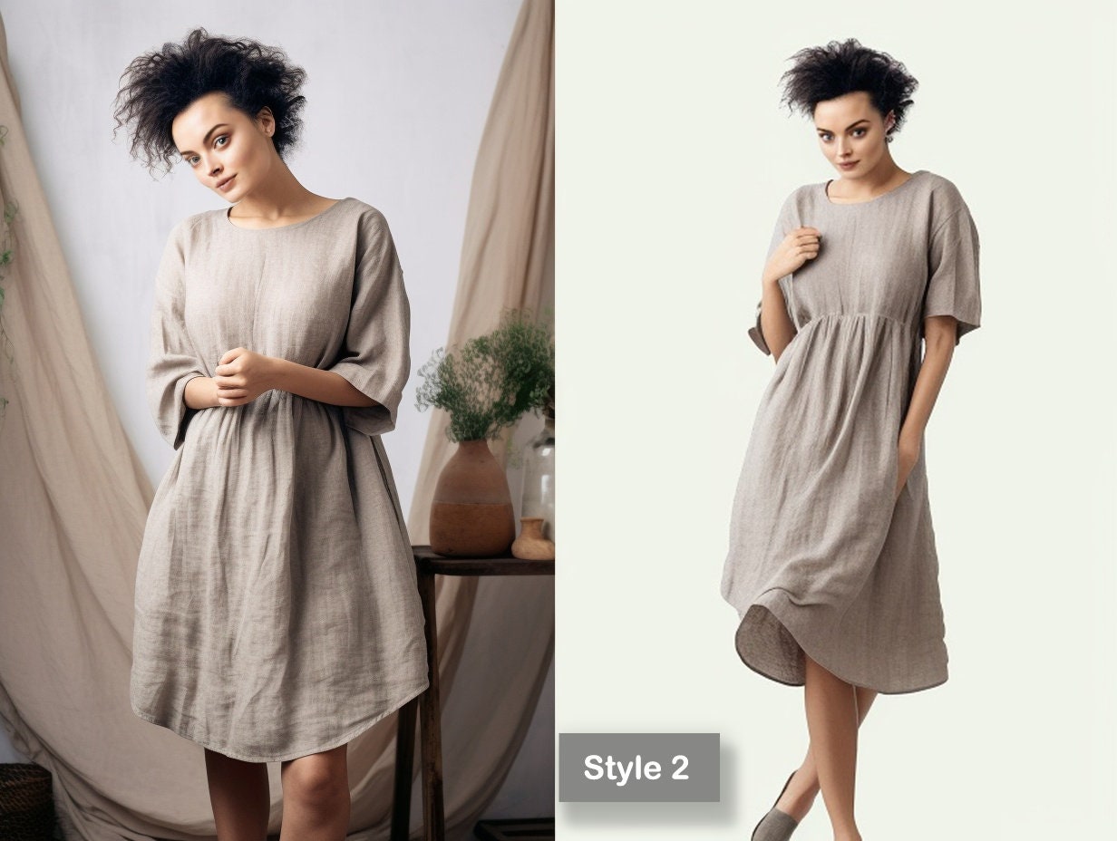 Linen Circle Dress with Pockets - Knee-Length Skater Dress - Linen Dress 3/4 Sleeves and Crew Neckline | Customizable | 230807A