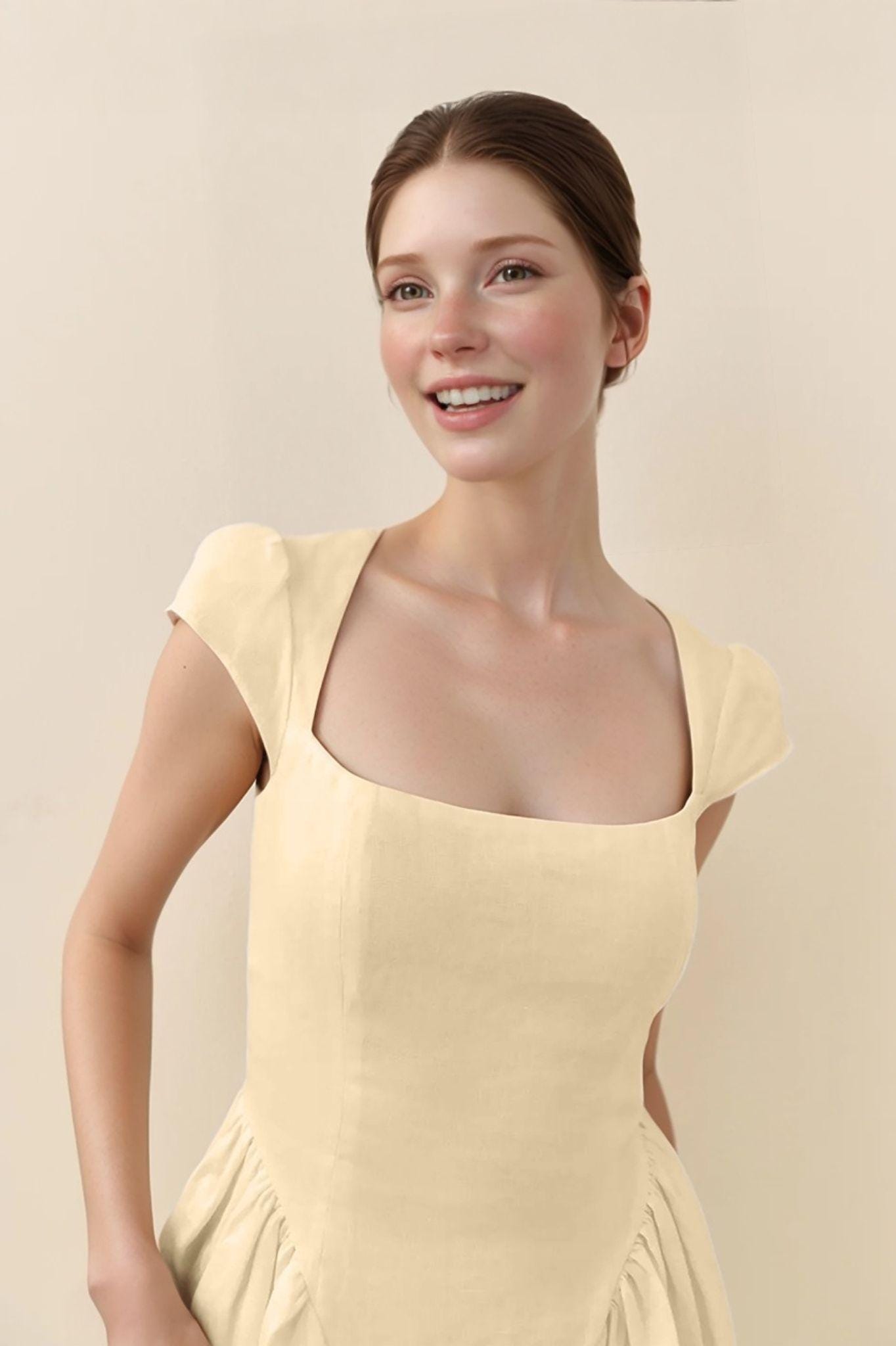 Square Neck Elastic Linen Mini Dress with Cap Sleeves, Fit and Flare Silhouette, Custom Size | SKU.25T15T4C