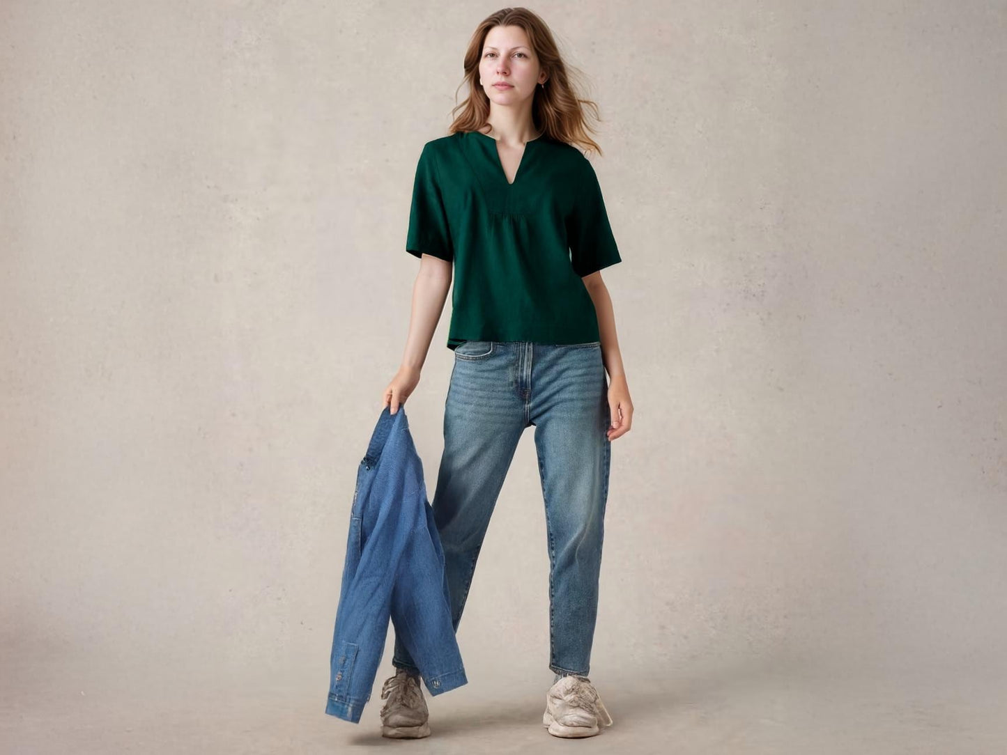 Linen V-Neck Boxy Top - Relaxed Fit Summer Shirt with Short Sleeves and Band Collar | SKU.25T22T3N