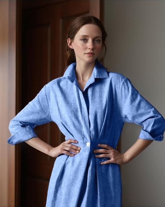 Blue Linen Shirt Dress for Women, Long Sleeve Maxi Dress with Pleated Waist | SKU.25T11T2F