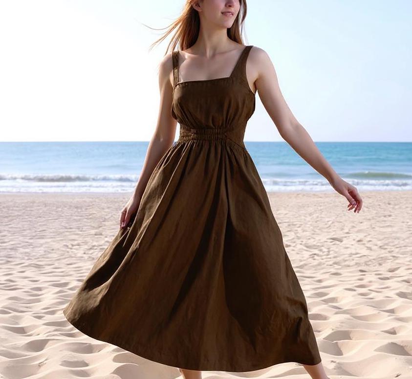 Brown Linen Midi Dress with Pockets - Square Neck Summer Dress, Sleeveless Casual Beach Dress, Elastic Waist Sundress | SKU.25T15T5E